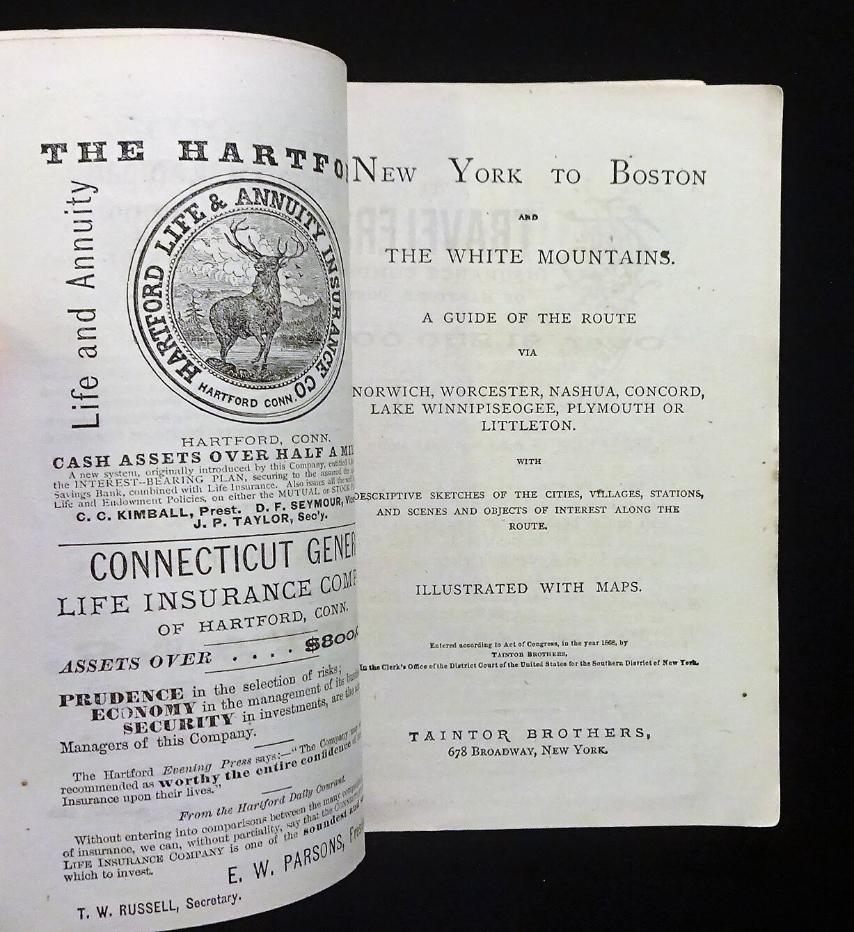 1868 Taintors Route and City Guide – New York to Boston and White Mountains, MAP