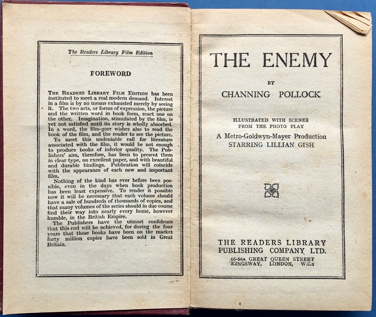 The Enemy Hardback 1920s Photoplay Channing Pollock Fred Niblo Lillian Gish RARE