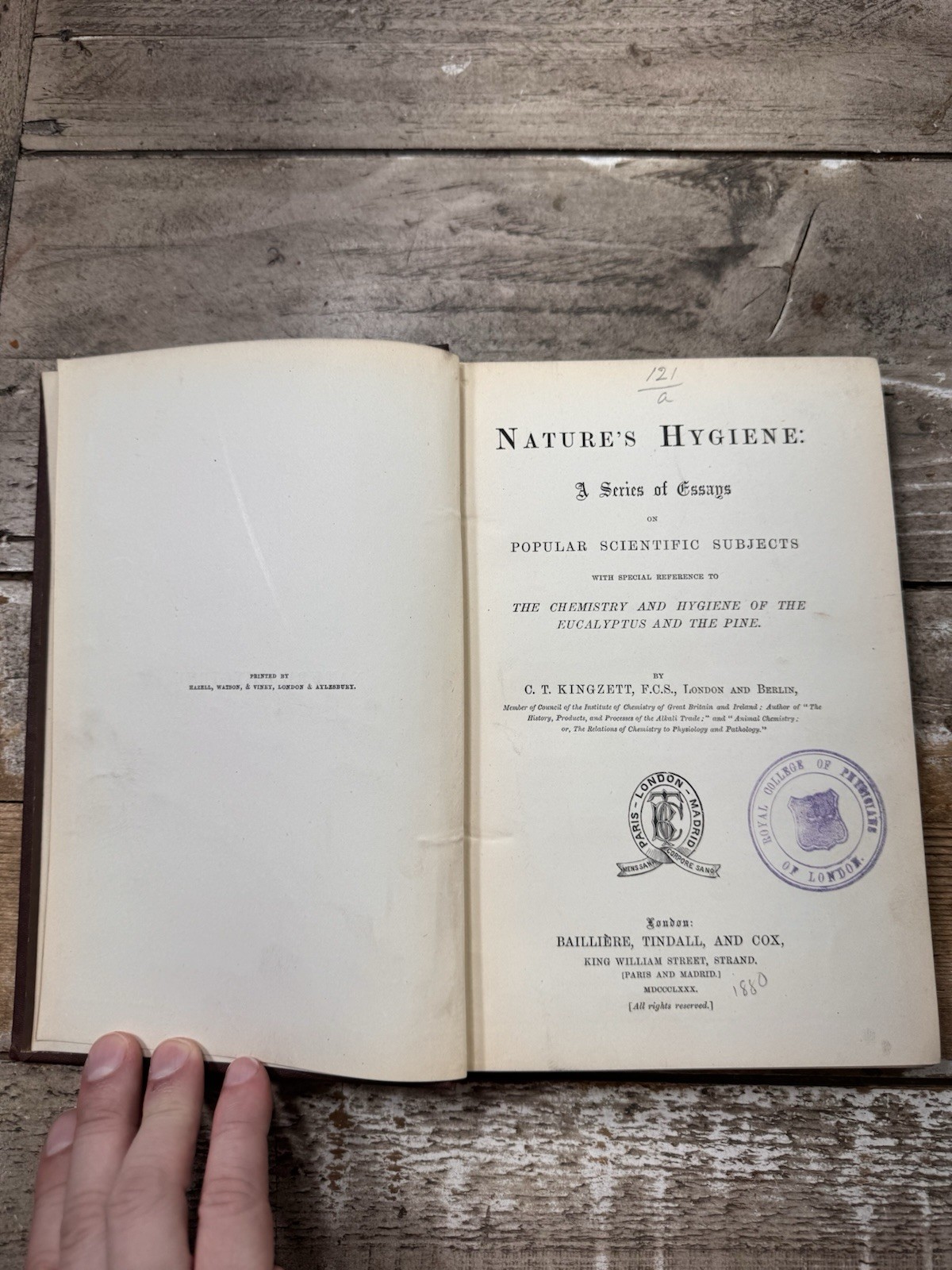 1880 Antique Health, Medical Book “Nature’s Hygiene” Kingzett, SIGNED