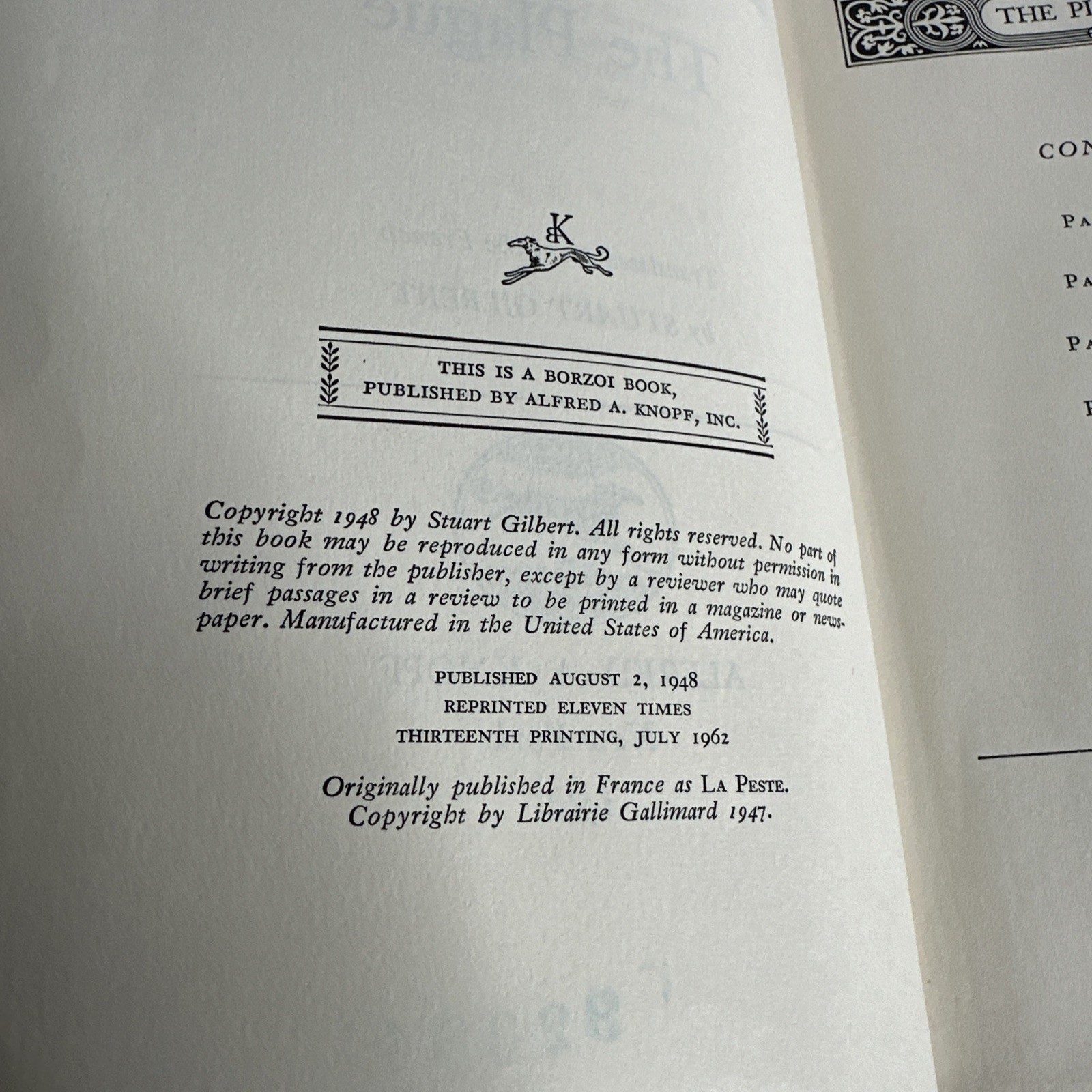 Albert Camus The Plague HC First Edition/13th Printing Rare 1962