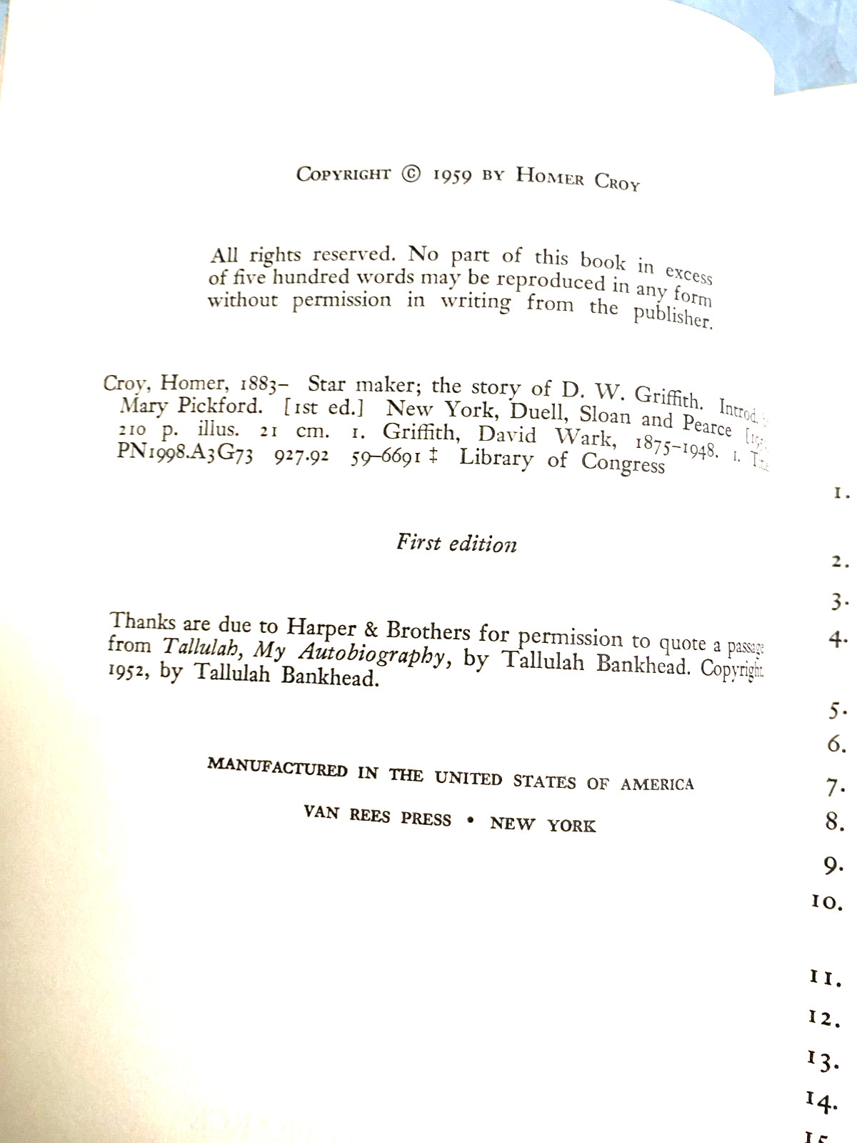 RARE 1ST EDIT! Star maker: The story of D.W. Griffith by Homer Croy (1959) GREAT