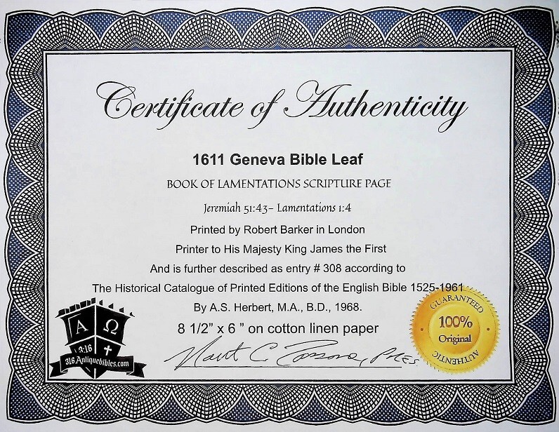 BOOK OF LAMENTATIONS TITLE PAGE LEAF , 1611 GENEVA BIBLE , FRAMED LEAF PAGE KJV