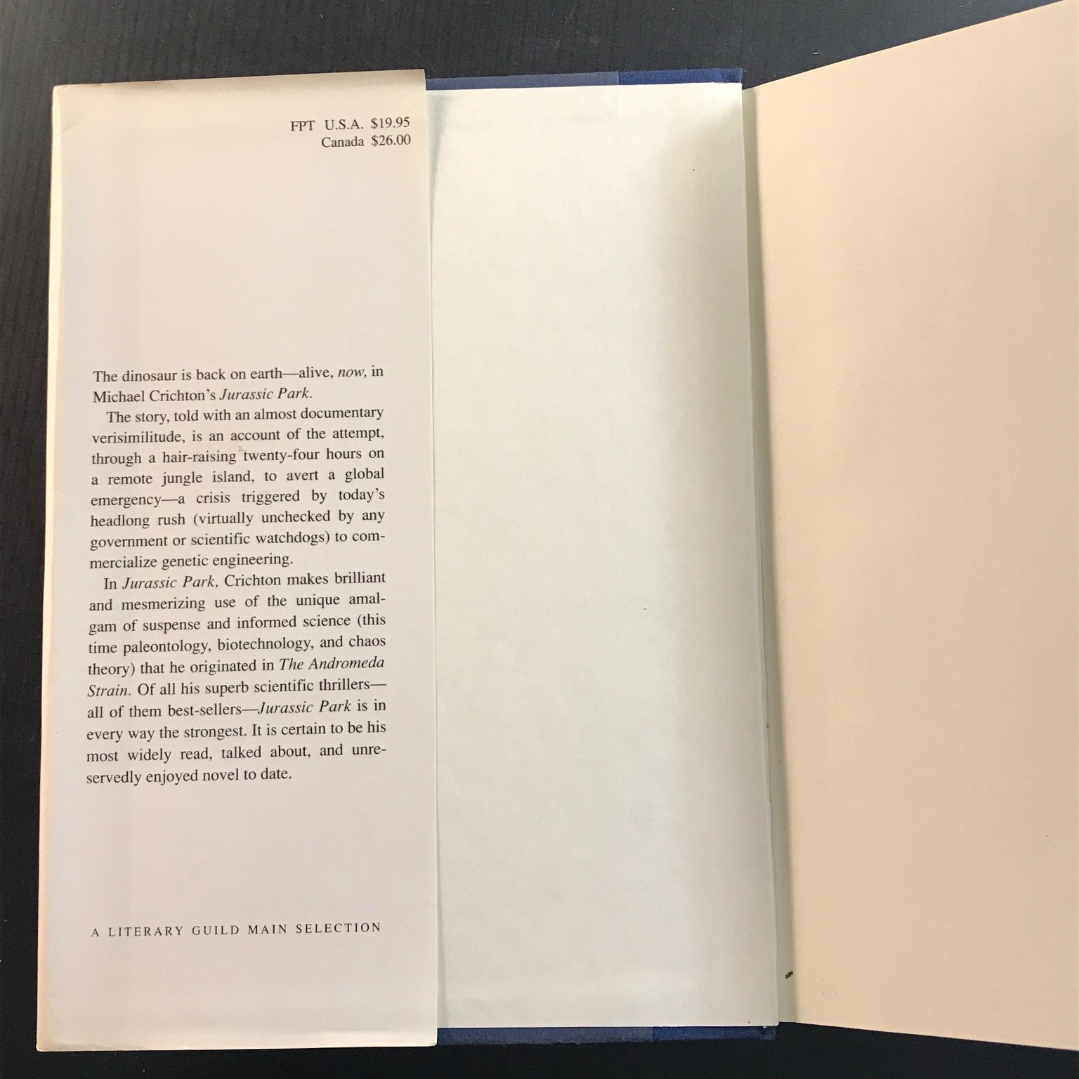 Jurassic Park Michael Crichton Fourth Printing 1990 Hardcover Dust Jacket