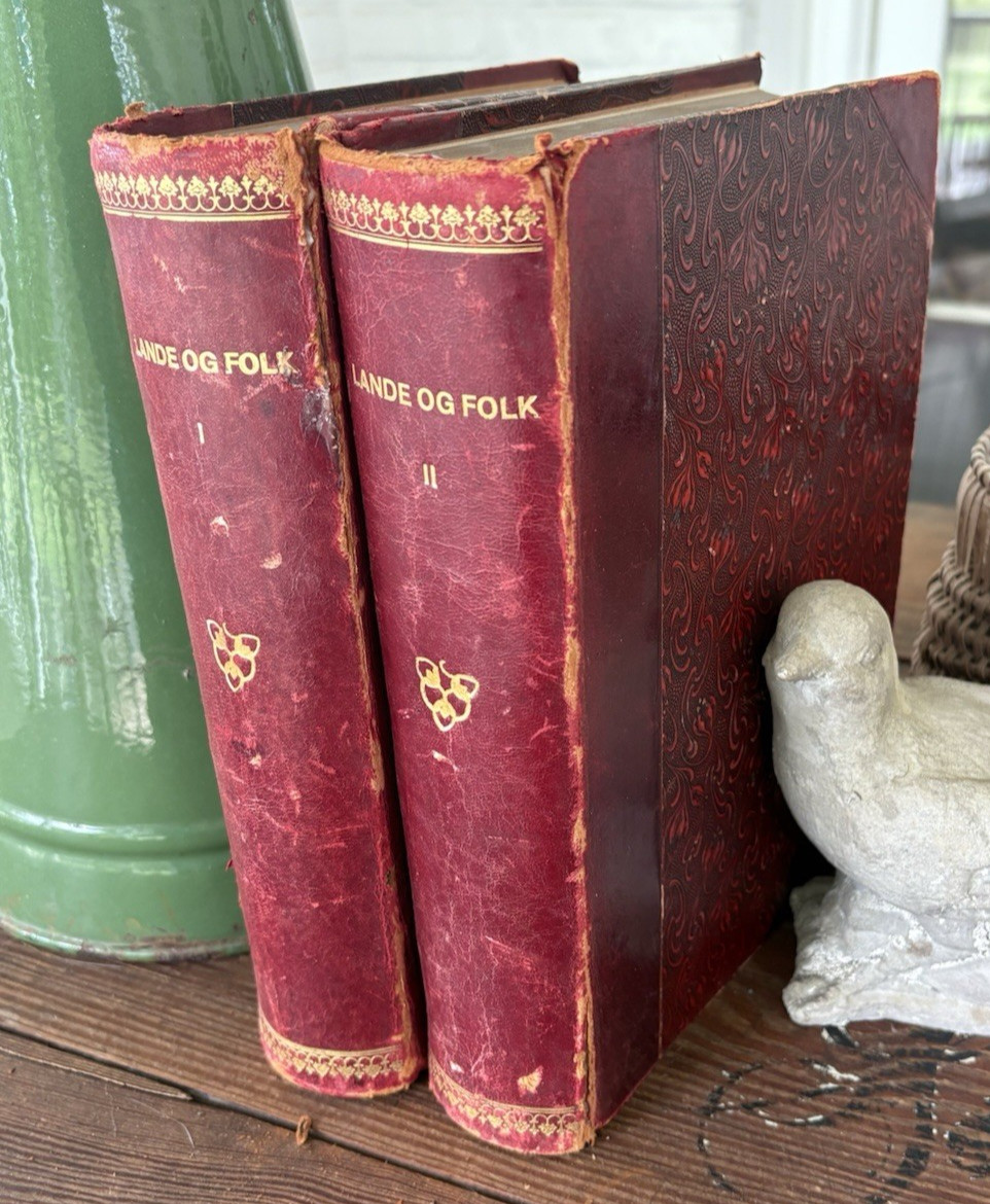 Antique Decorative Pair of Books Red Full Leather 1910 Danish Lande Og Folk