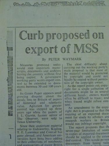 UK Export Controls Lot – PATRIMONY MANUSCRIPTS & ARCHIVES POLICY – 1966-67