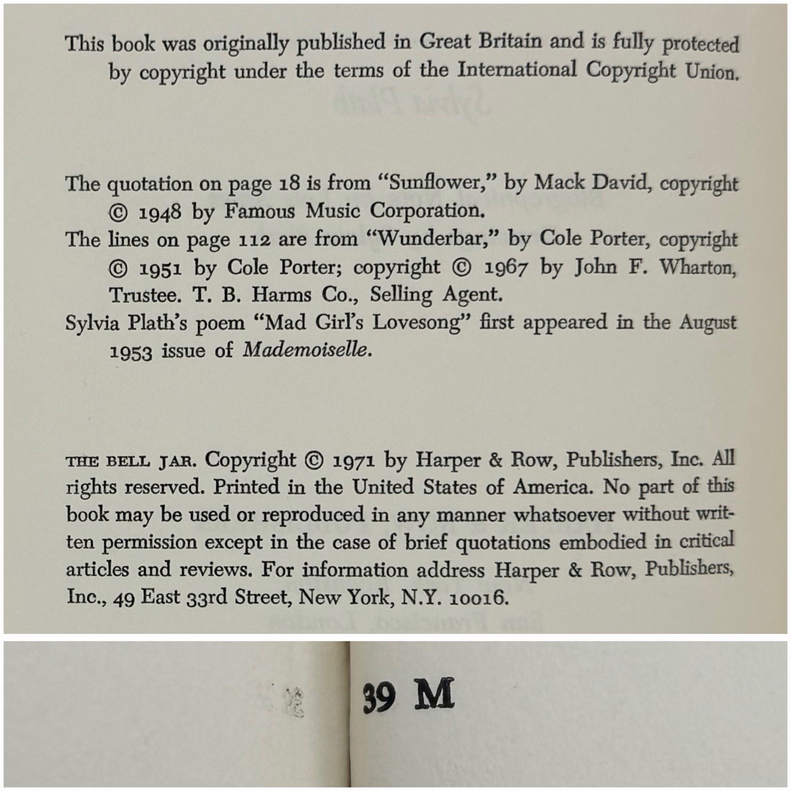 The Bell Jar – Sylvia Plath (Harper & Row, 1971) 1st BCE, gutter code 39M
