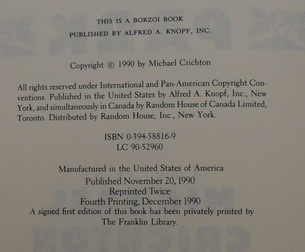 Jurassic Park, Michael Crichton 1990 1st ed 4th print $19.95 DJ HC/DJ