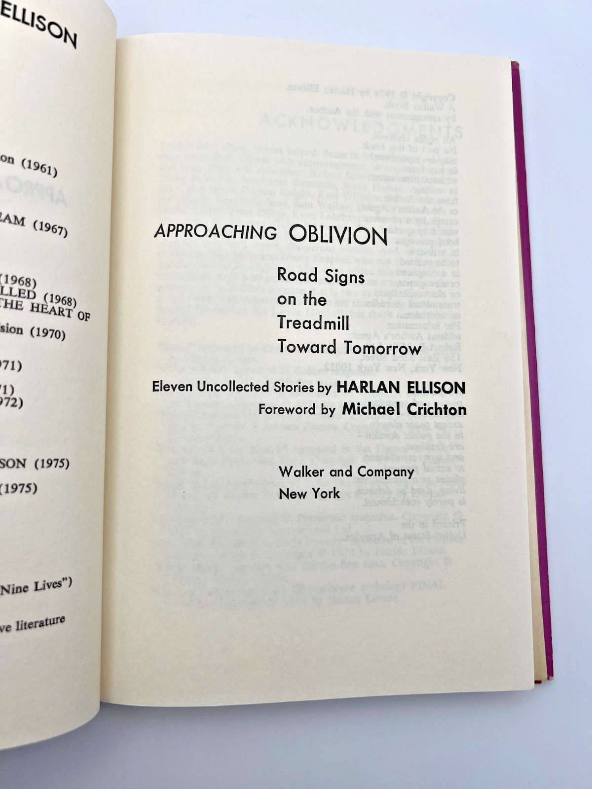 Approaching Oblivion Harlan Ellison 1974 HCDJ Foreward By Michael Crichton BCE