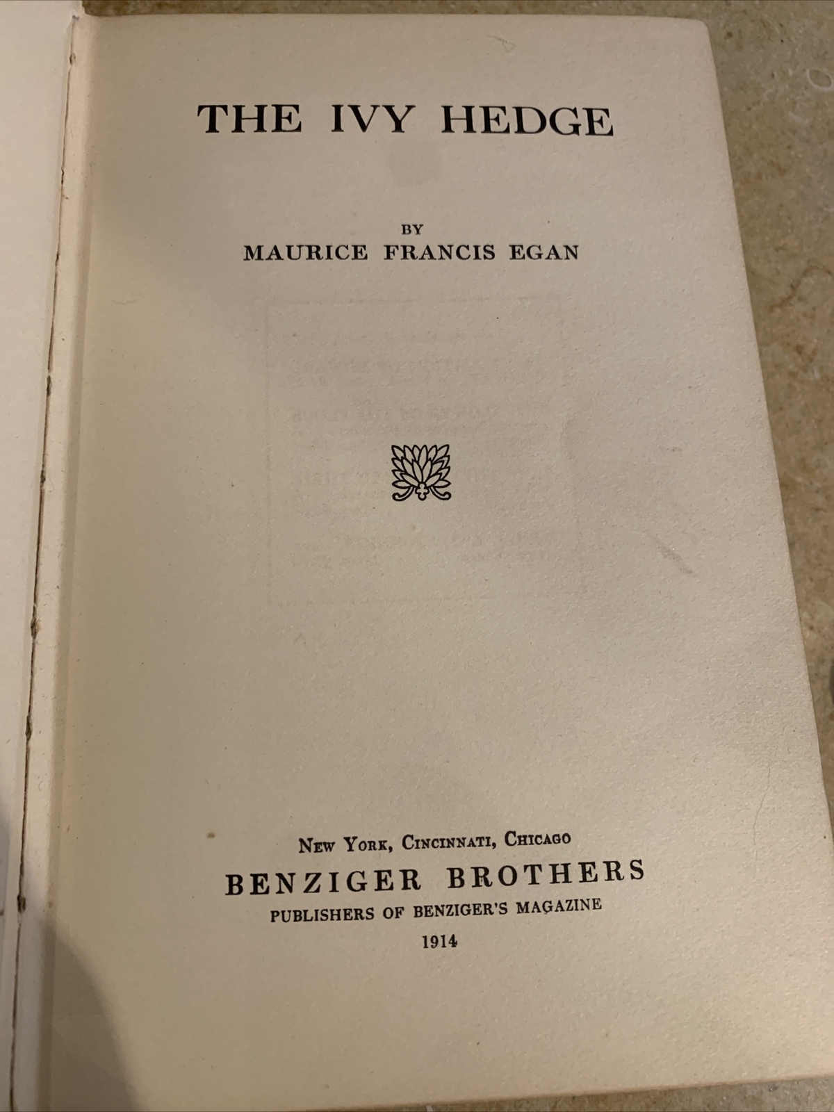 The Ivy Hedge by Maurice Francis Egan 1914 First Edition HC Benzinger Brothers