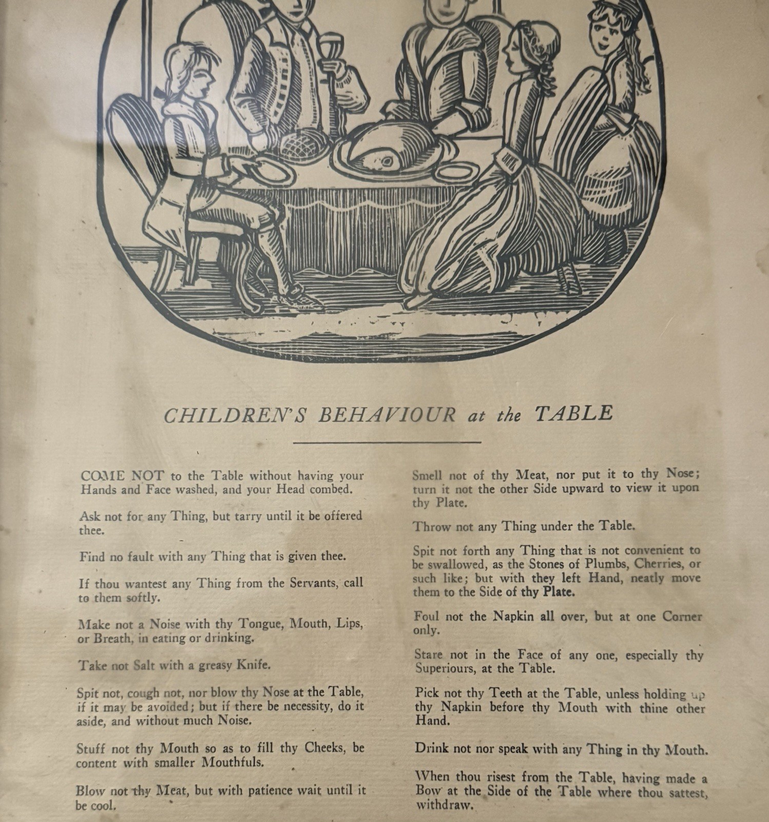 Rules For Behavior 1787 Antique Framed Children’s Table Etiquette Book Page Rare