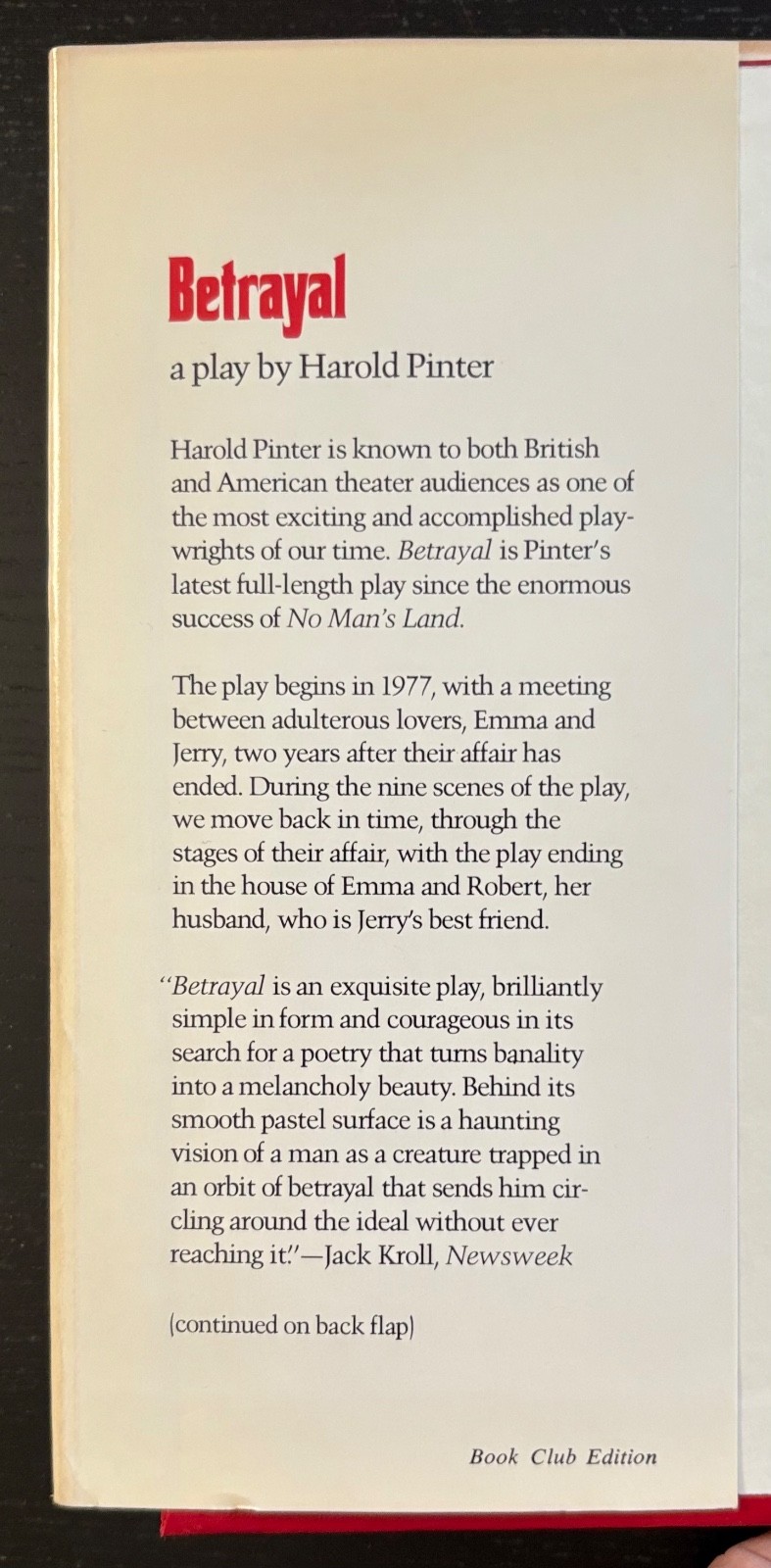 BETRAYAL – HAROLD PINTER – 1978 – GROVE PRESS – DJ – BCE.