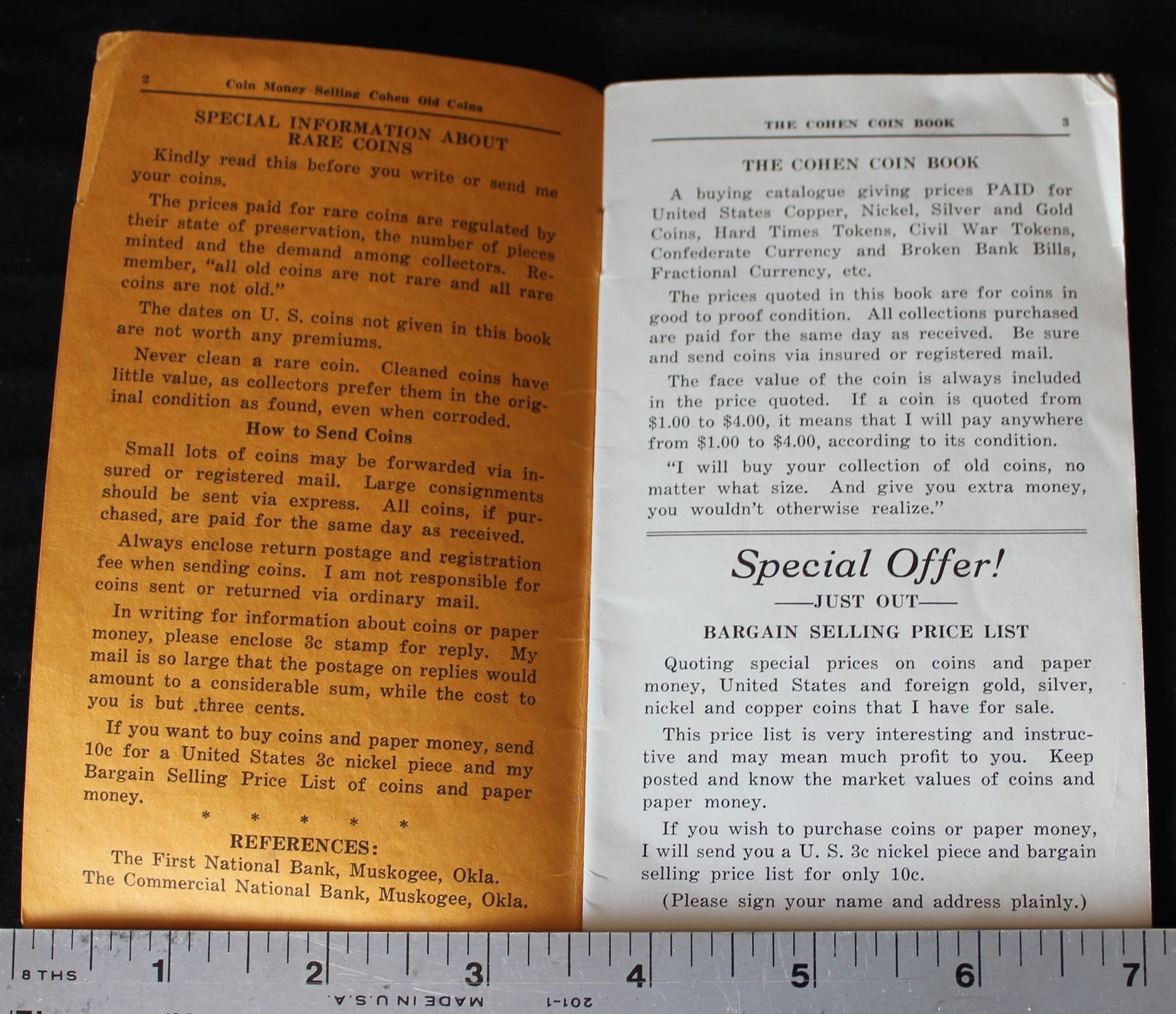 Vintage COHEN COIN BOOK Buying Catalog US Coins / Currency Muskogee Oklahoma