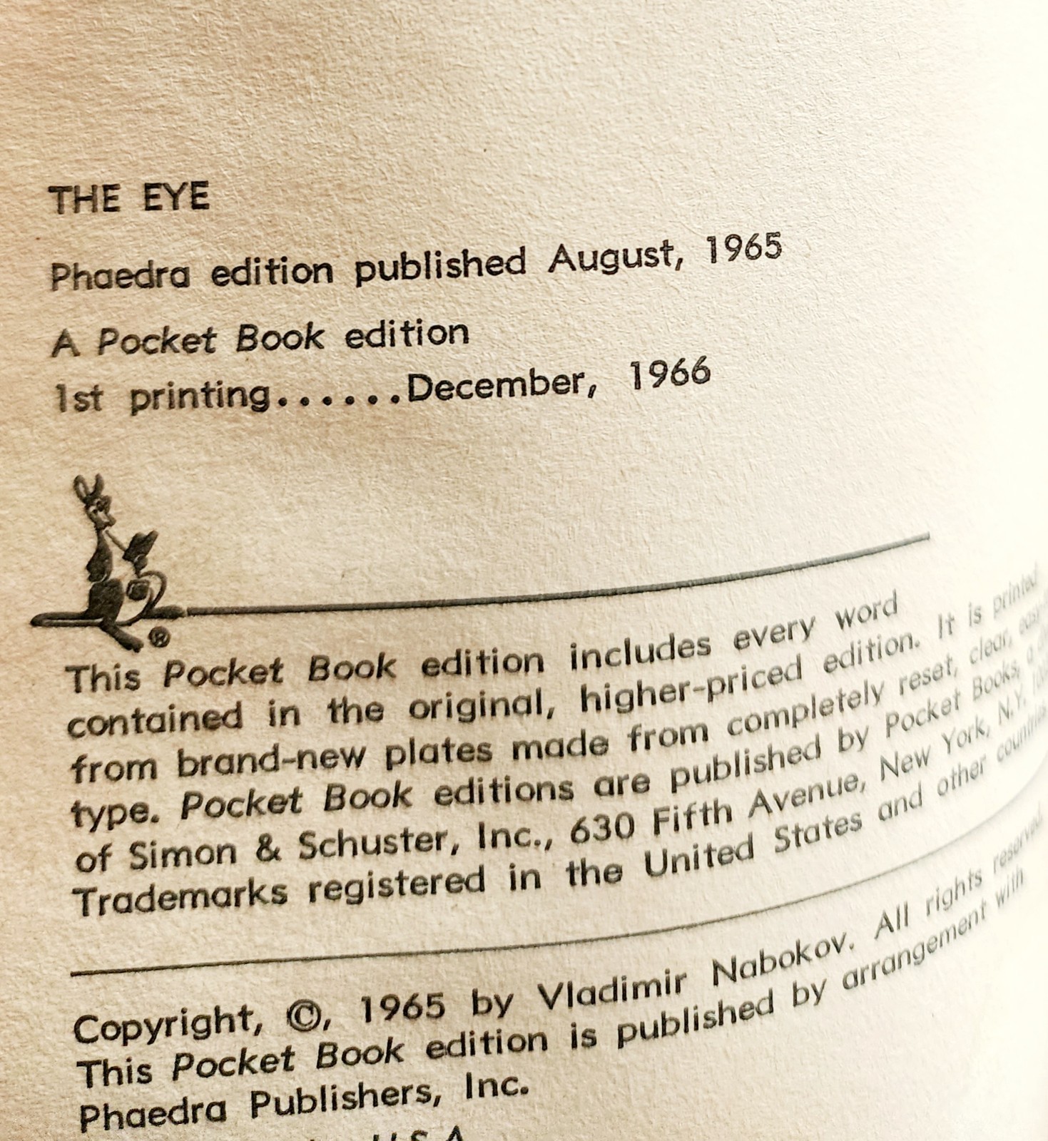 1966 The Eye Vladimir Nabokov Vintage PB 1st Pocket Books Edition Spy C64
