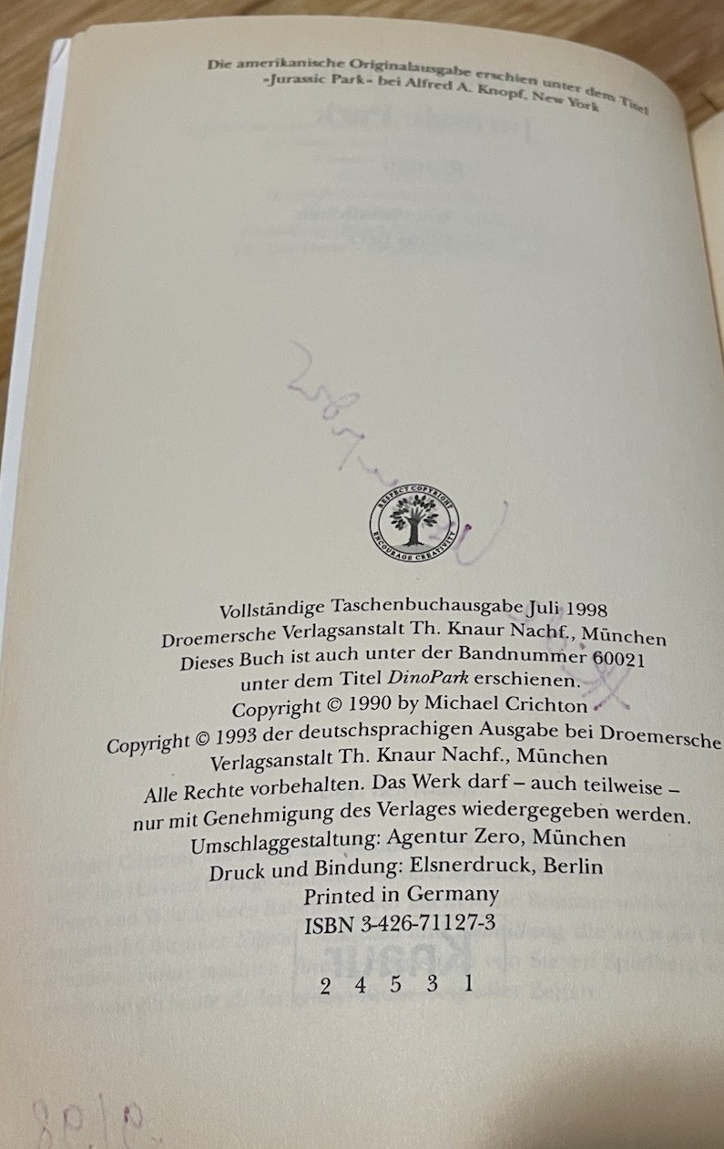 1984 Ballantine – Jurassic Park by Michael Crichton Paperback Book German Editio