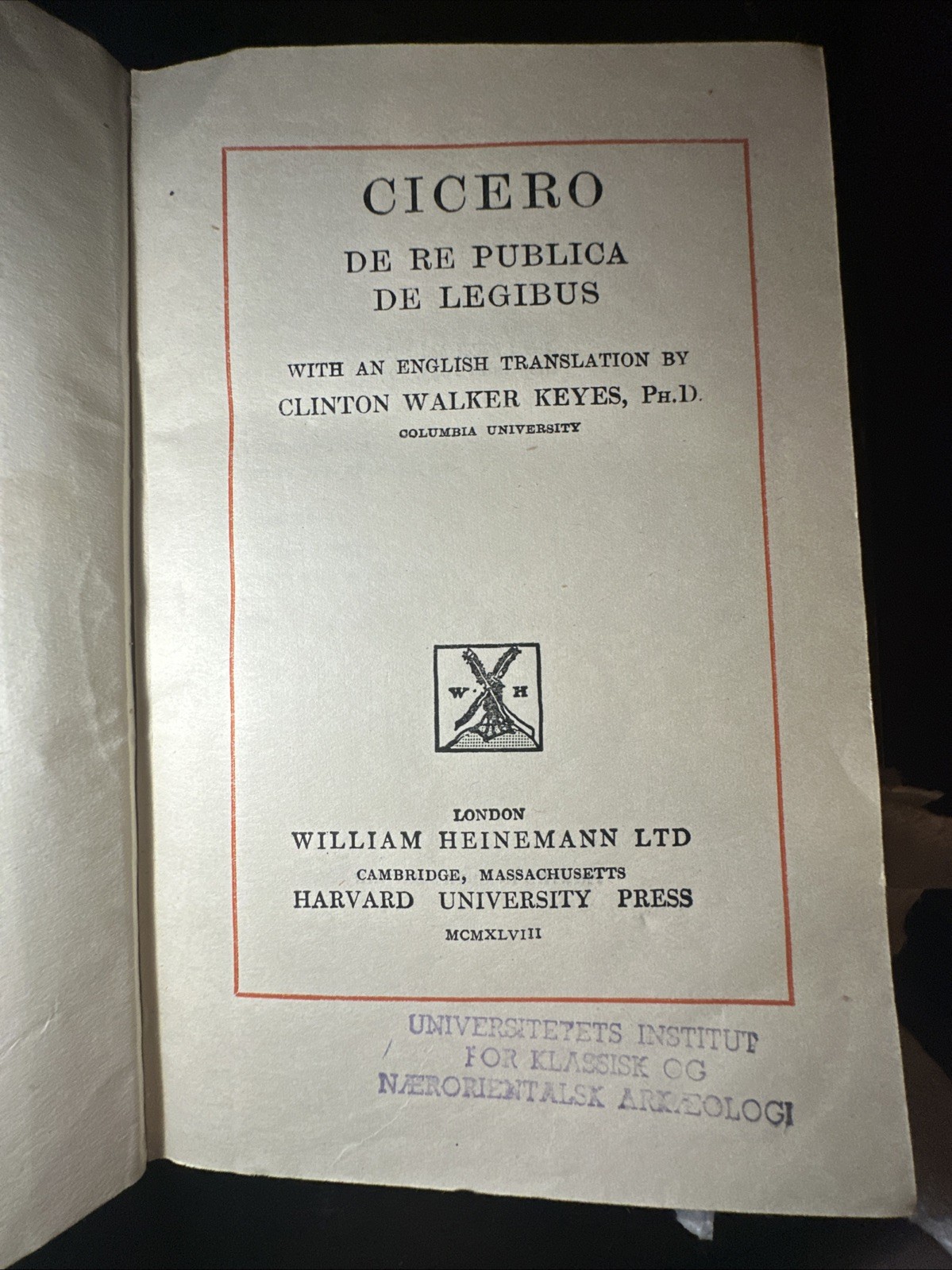 Cicero: De re Publica & De Legibus, Loeb Classic Lib. #213 Latin/Eng. HC UK 1948