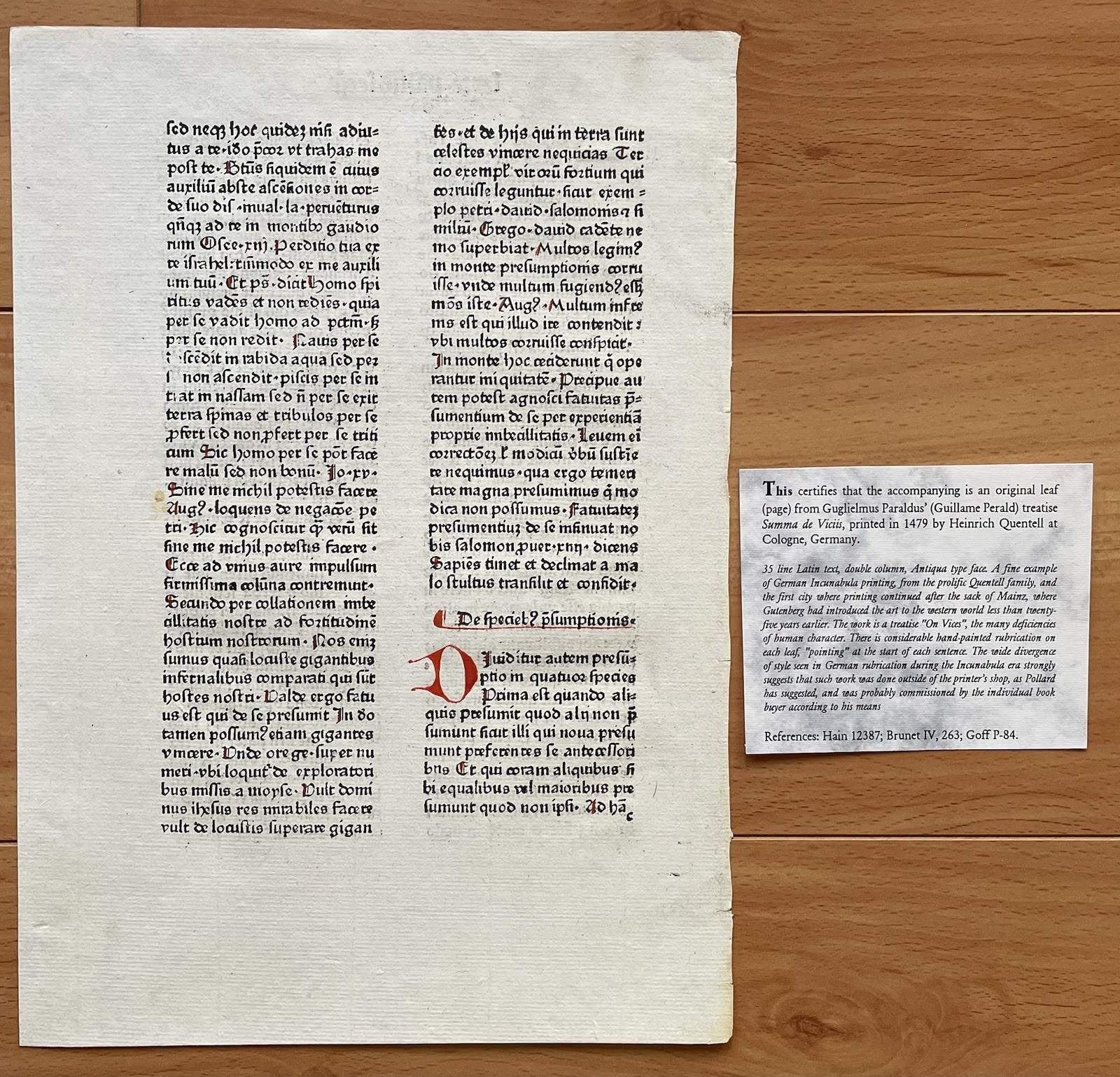 Original 1479 Leaf Summa De Virtutibus Et Vitiis By Guilielmus Paraldus Germany