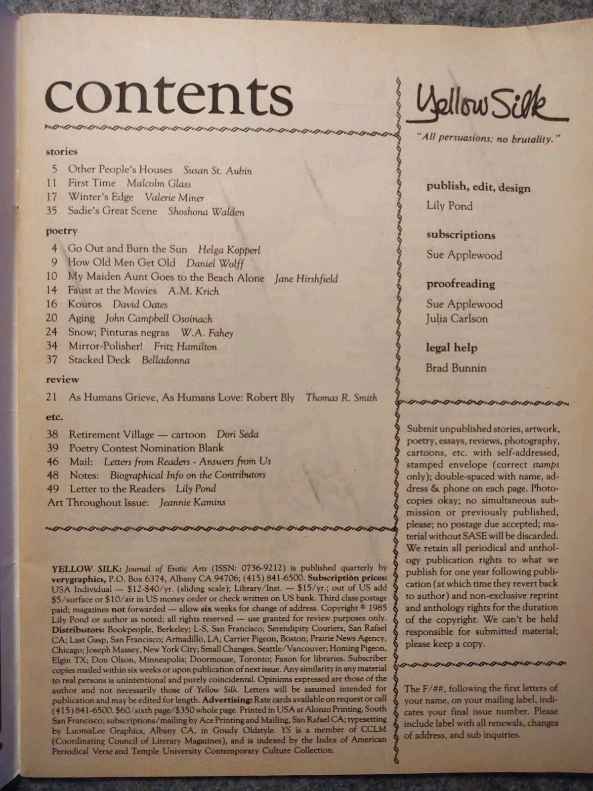 Yellow Silk: Journal of Erotic Arts 17 1985 dori seda jane hirshfield lily pond