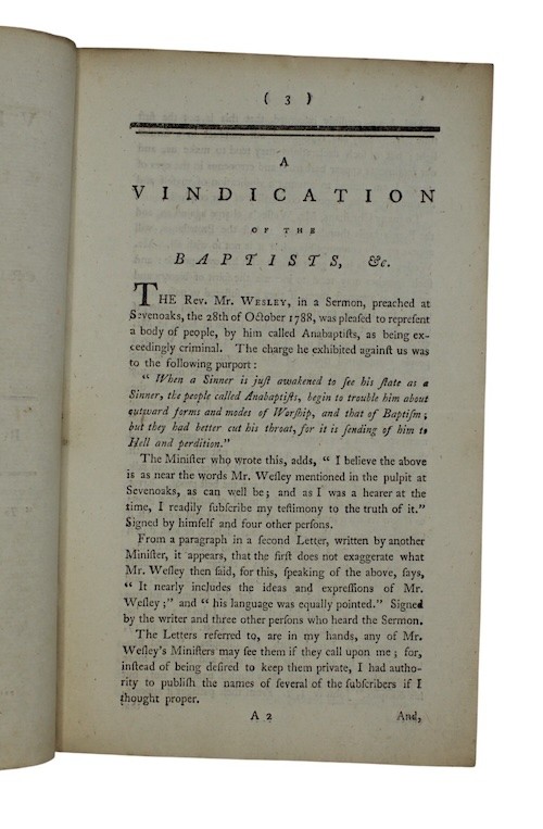 1789 BAPTIST DEFENCE John Wesley CHRISTIANITY Anabaptists THEOLOGY Religion