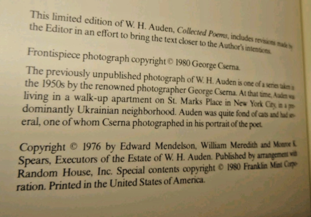Franklin Library Masterpieces Collected Poems of W H Auden Fine! Unread. 1980.