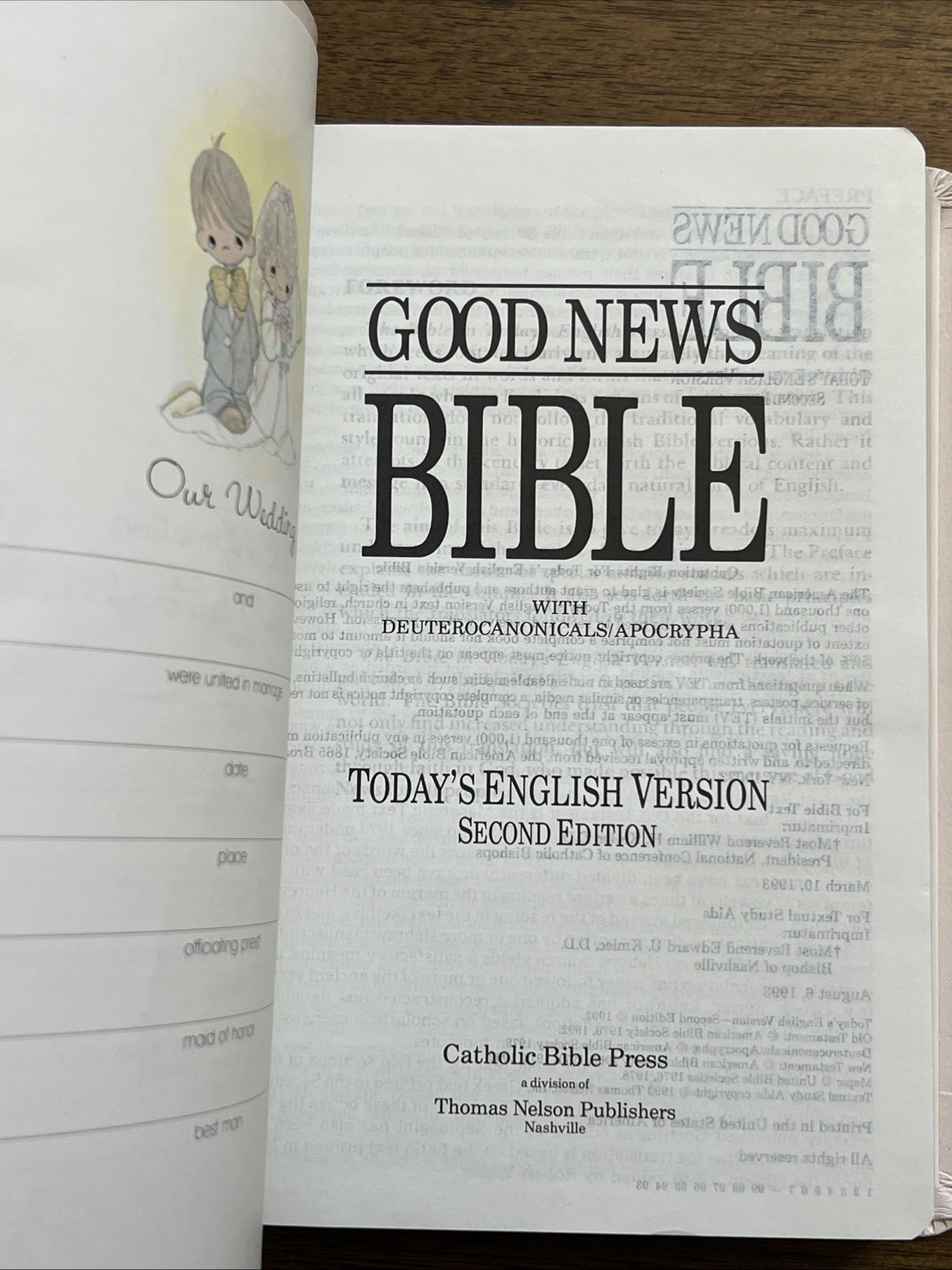 Holy Bible, Precious Moments Bible Today’s English Version 1993 Catholic 1271NV