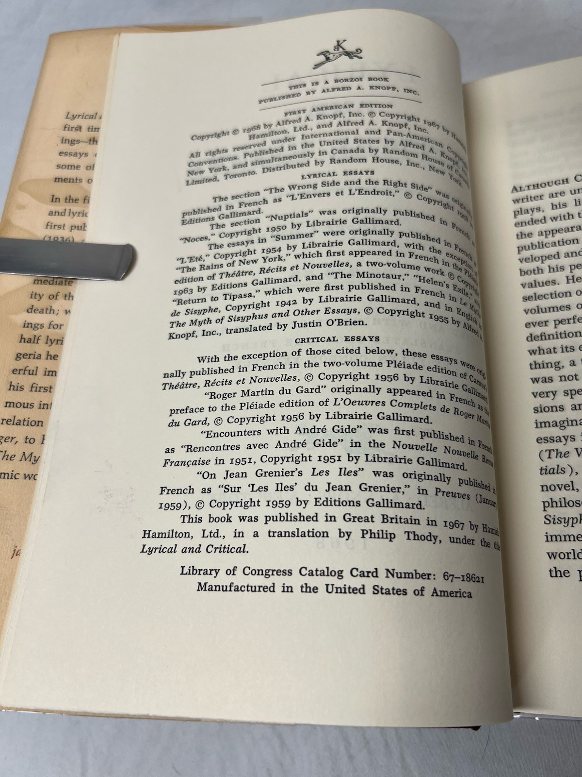 Albert Camus LYRICAL AND CRITICAL ESSAYS Knopf Stated 1st Am Ed-1st Print 1968