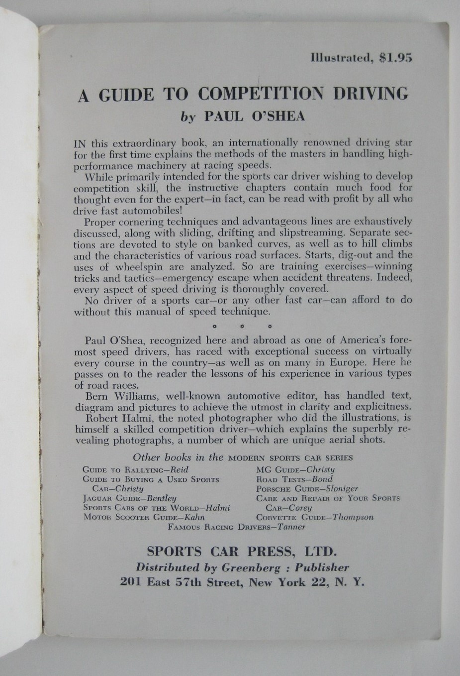 GUIDE TO COMPETITION DRIVING Paul O’Shea Sports Car Racing 3rd Printing © 1957
