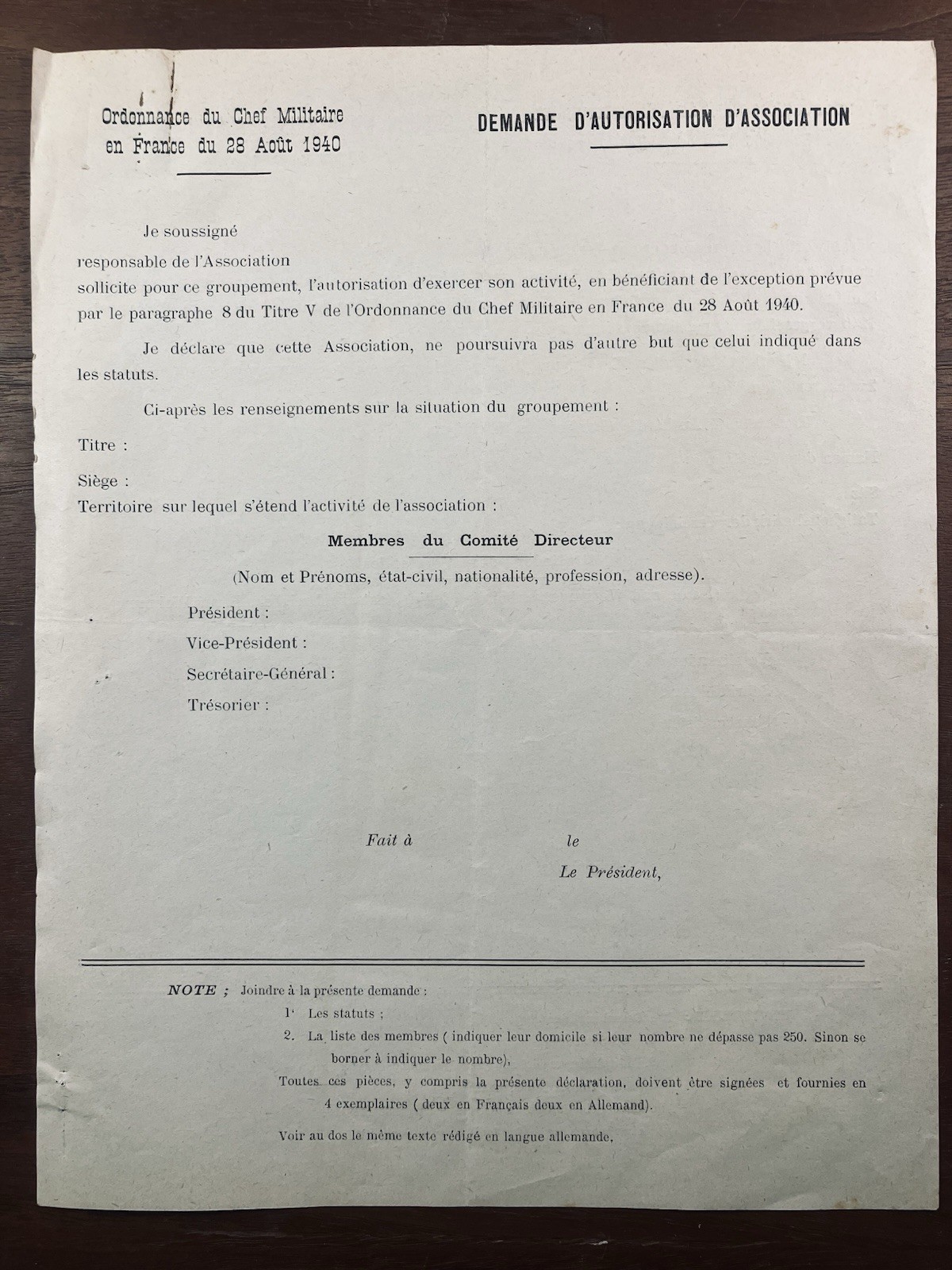 Rare WWII German Occupation Document 1940 Vichy War 1939/45