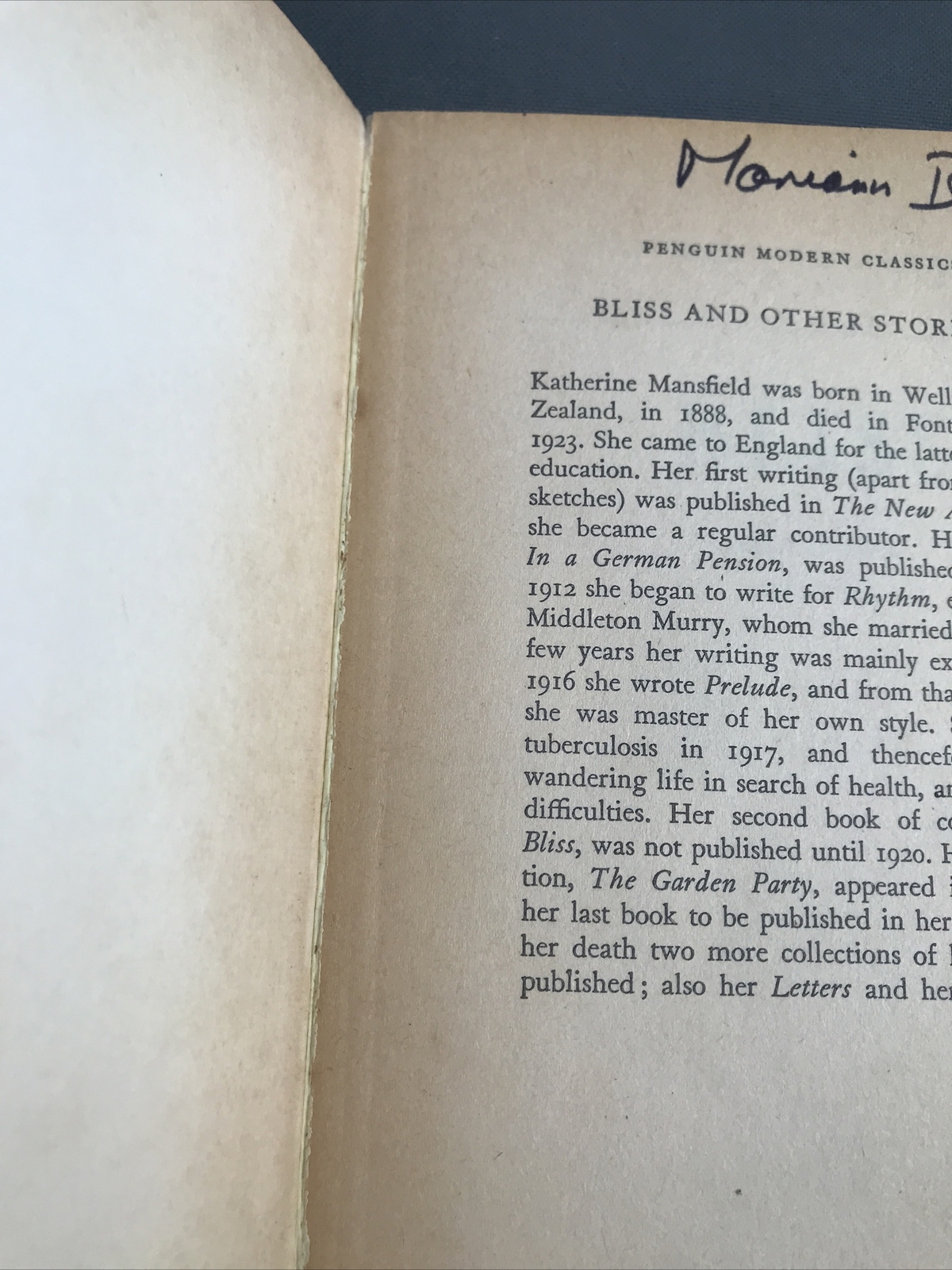 BLISS – KATHERINE MANSFIELD – PENGUIN CLASSICS 1973 AMBROSE MCEVOY COVER