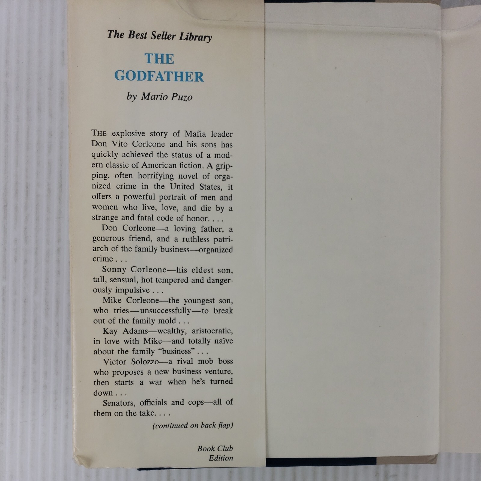 The Godfather by Mario Puzo Bookclub edition, 1969, Best Seller Library