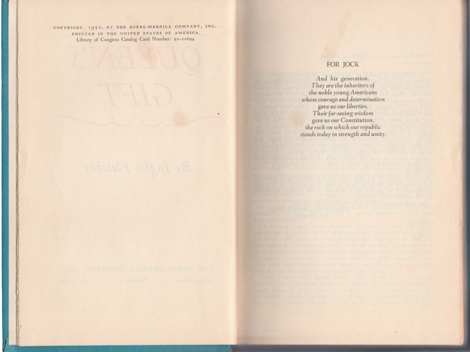 1952 Book QUEEN’S GIFT Inglis Fletcher -hardcover No Dust Jacket