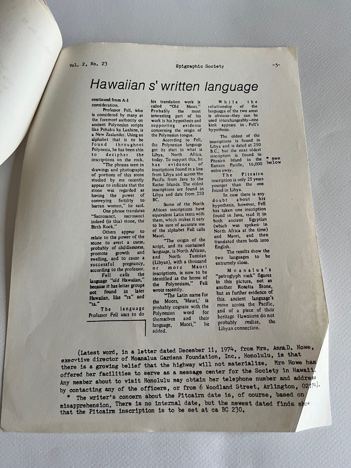 Epigraphic Society Occasional Publication vol 2 #23, 1975 Barry Fell, Karl Stolp