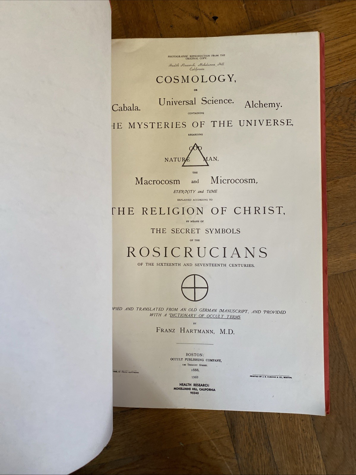 Cosmology Secret Symbols of the Rosicrucians Franz Hartmann Alchemy Cabala 1969