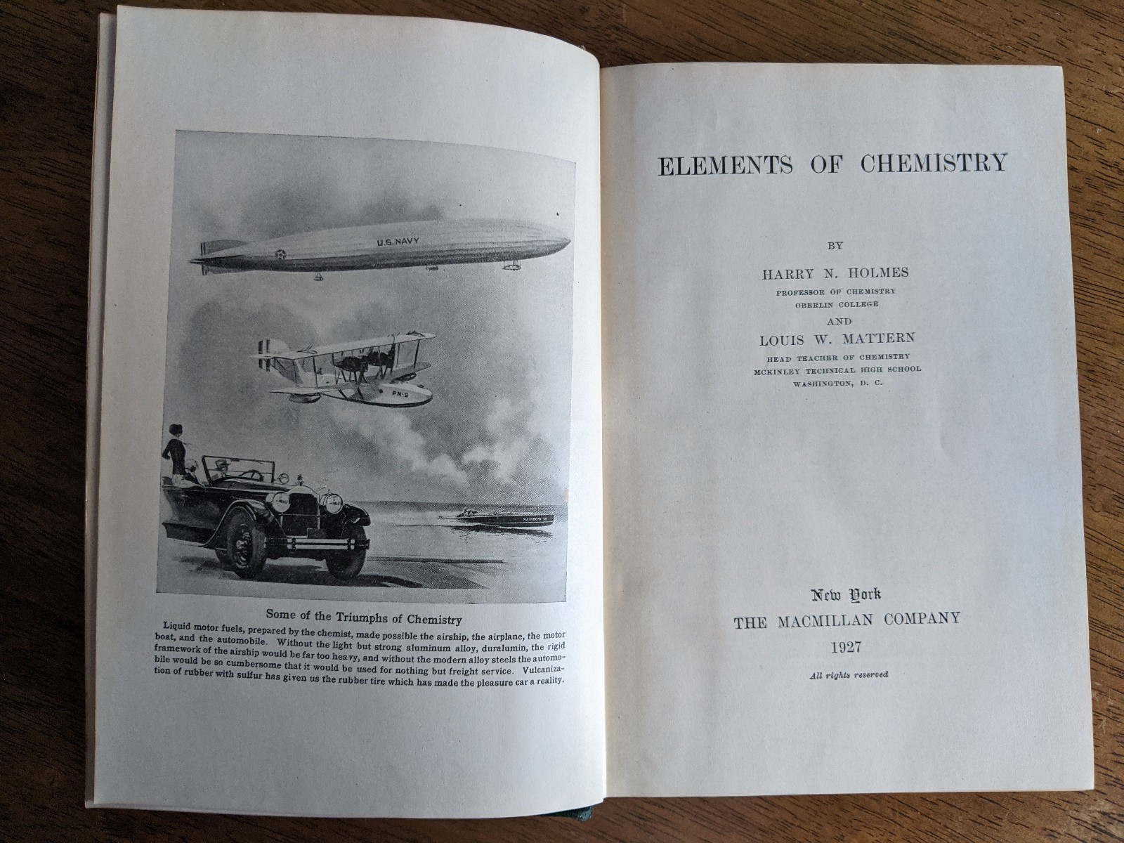 1927 Hardback Elements of Chemistry by Holms and Mattern Textbook – MacMillan –