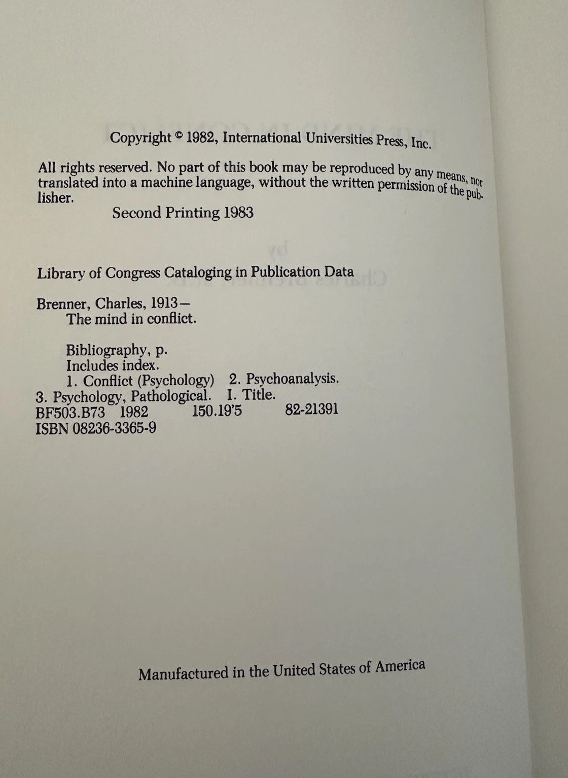 The Mind in Conflict Charles Brenner 1983 HC DJ Psychoanalysis VG Ego Psychology