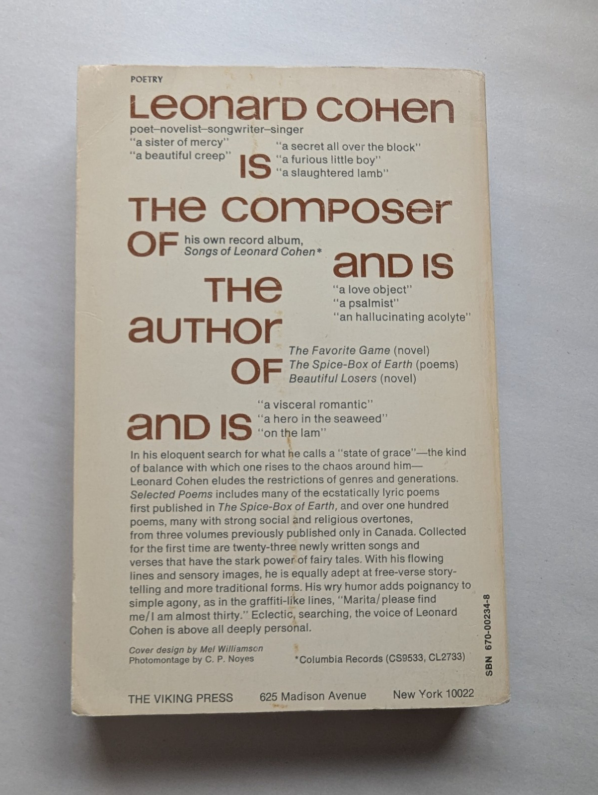Leonard Cohen Selected Poems 56-68 C-234 Viking Compass 1968. 6th printing. PB