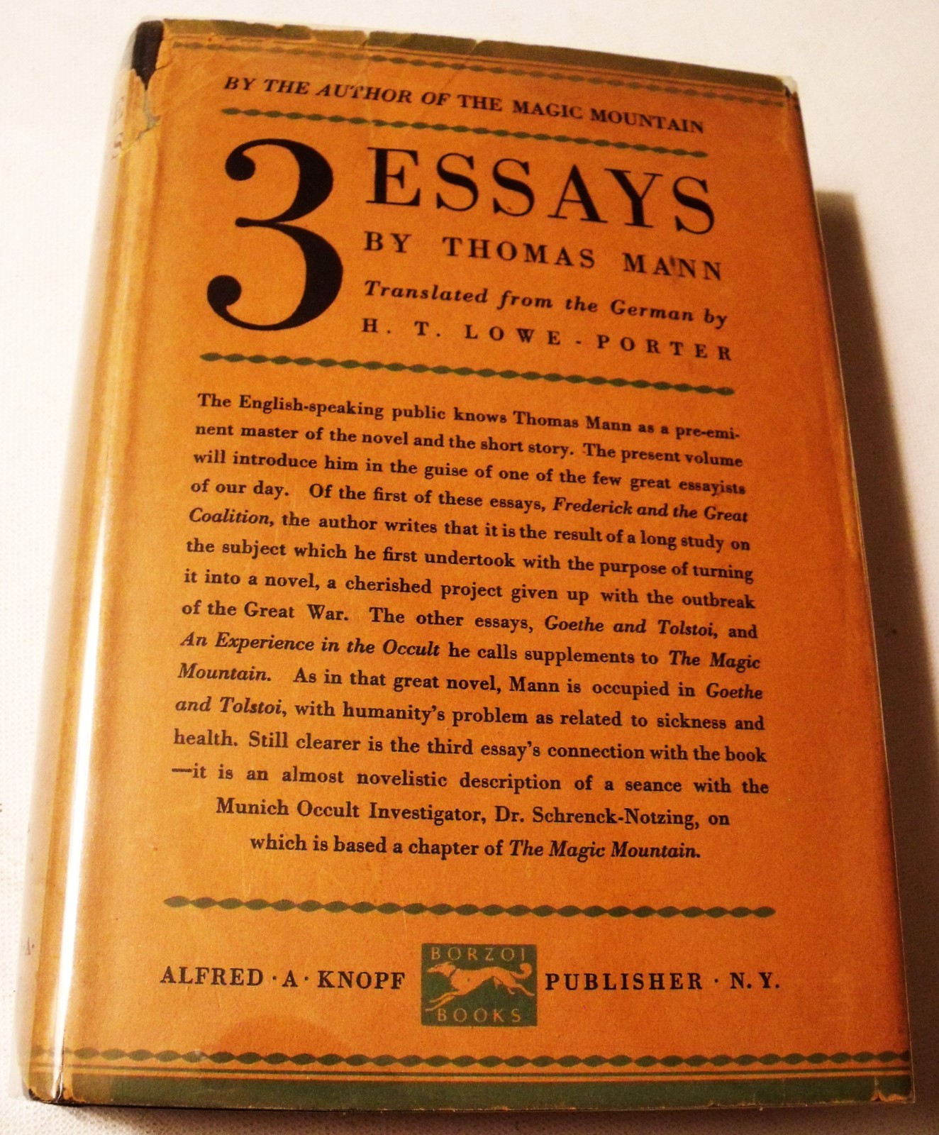 THOMAS MANN Three Essays 1929 FE hc/dj w/ BOOKMARK & extras OCCULT Lowe-Porter