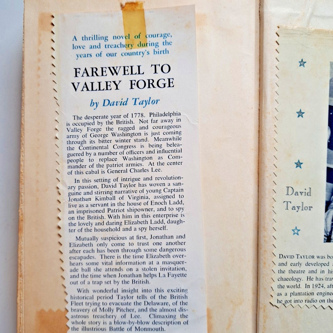 Farewell To Valley Forge, David Taylor💥1955 HC BCE J. B. Lippincott Co. 320 Pgs