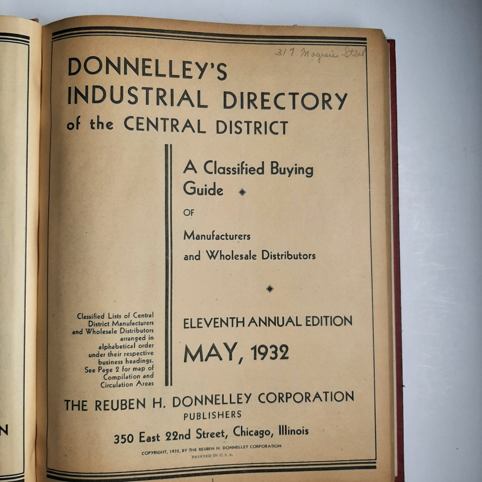DONNELY’S INDUSTRIAL DIRECTORY CENTRAL DISTRICT 1932 Buyer’s Guide HC book OS36