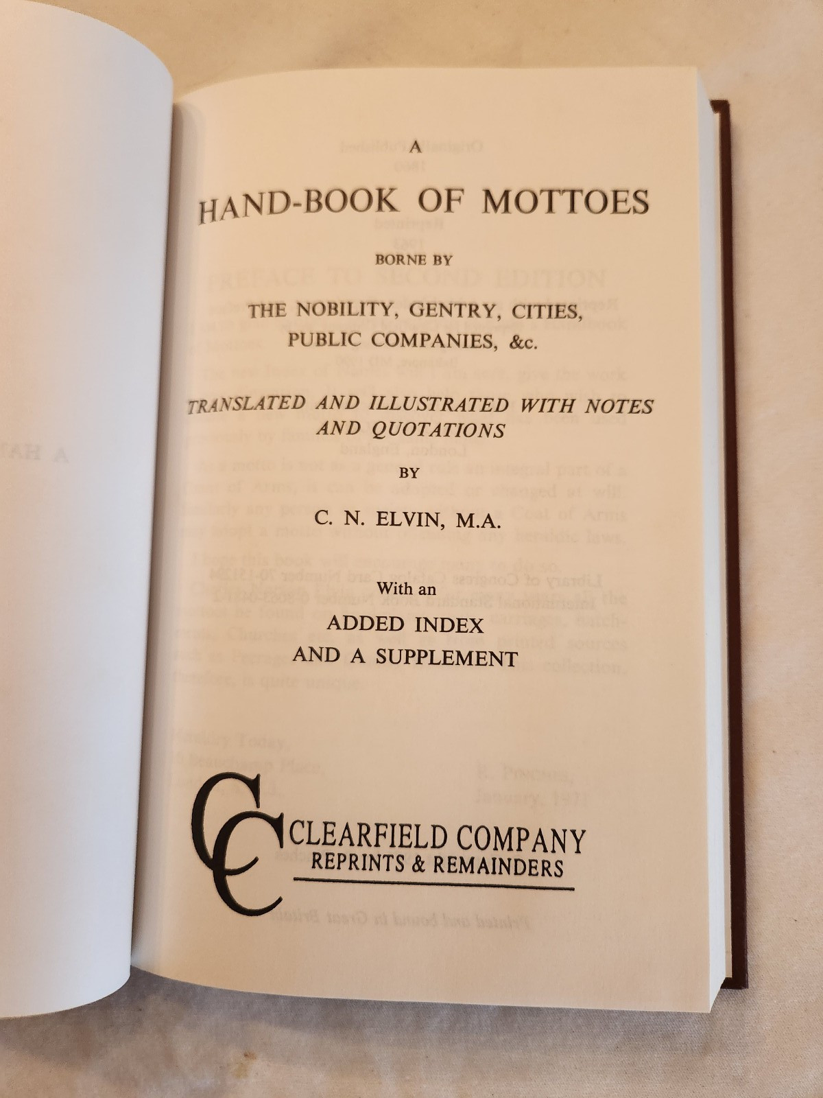 A Hand-Book of Mottoes by C.N. Elvin 1990 Reprint Hardcover Book