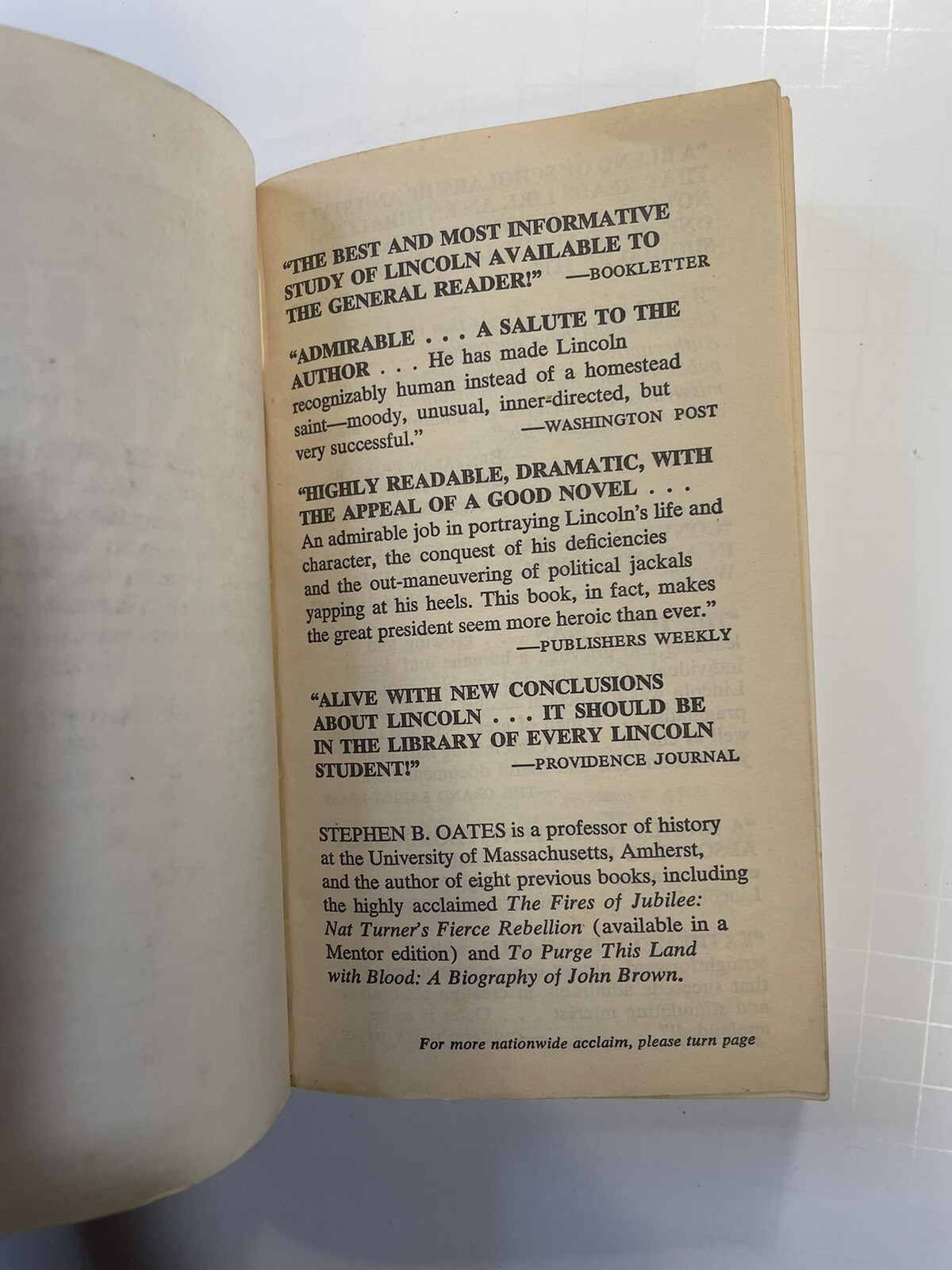 WITH MALICE TOWARD NONE : THE LIFE OF ABRAHAM LINCOLN Stephen B. Oates 1978 PB