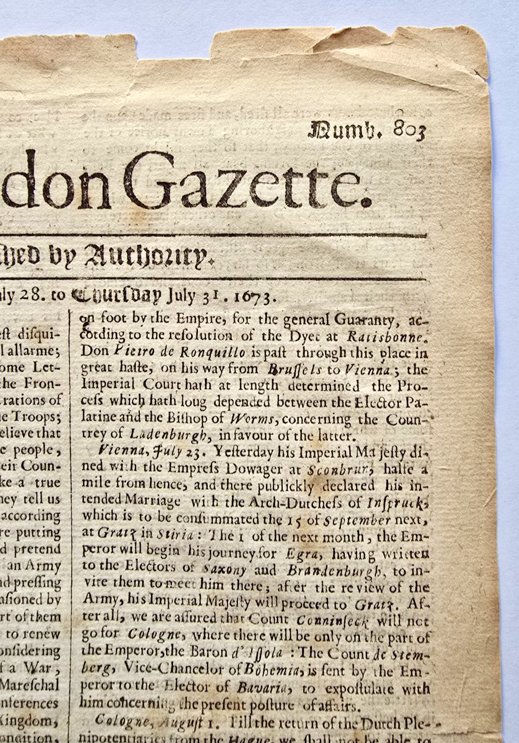 The London Gazette Issue #803 July 28-31, 1673! Over 350 Years Old!