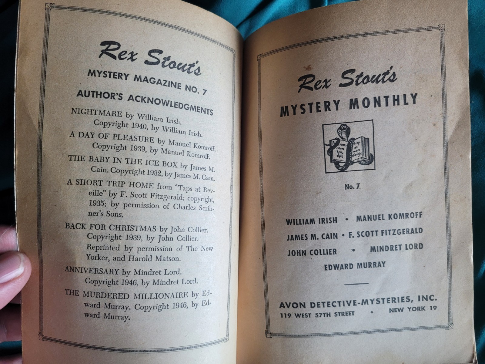 Rex Stout’s Mystery Monthly #7 – 1946 William Irish James Cain John Collier