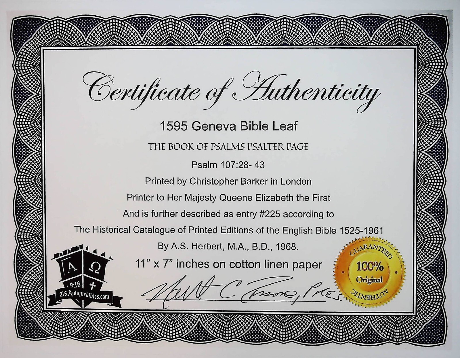 PSALM 107:28-43 1595 GENEVA BIBLE FOLIO PSALTER LEAF, GREAT BIBLE TEXT , GC