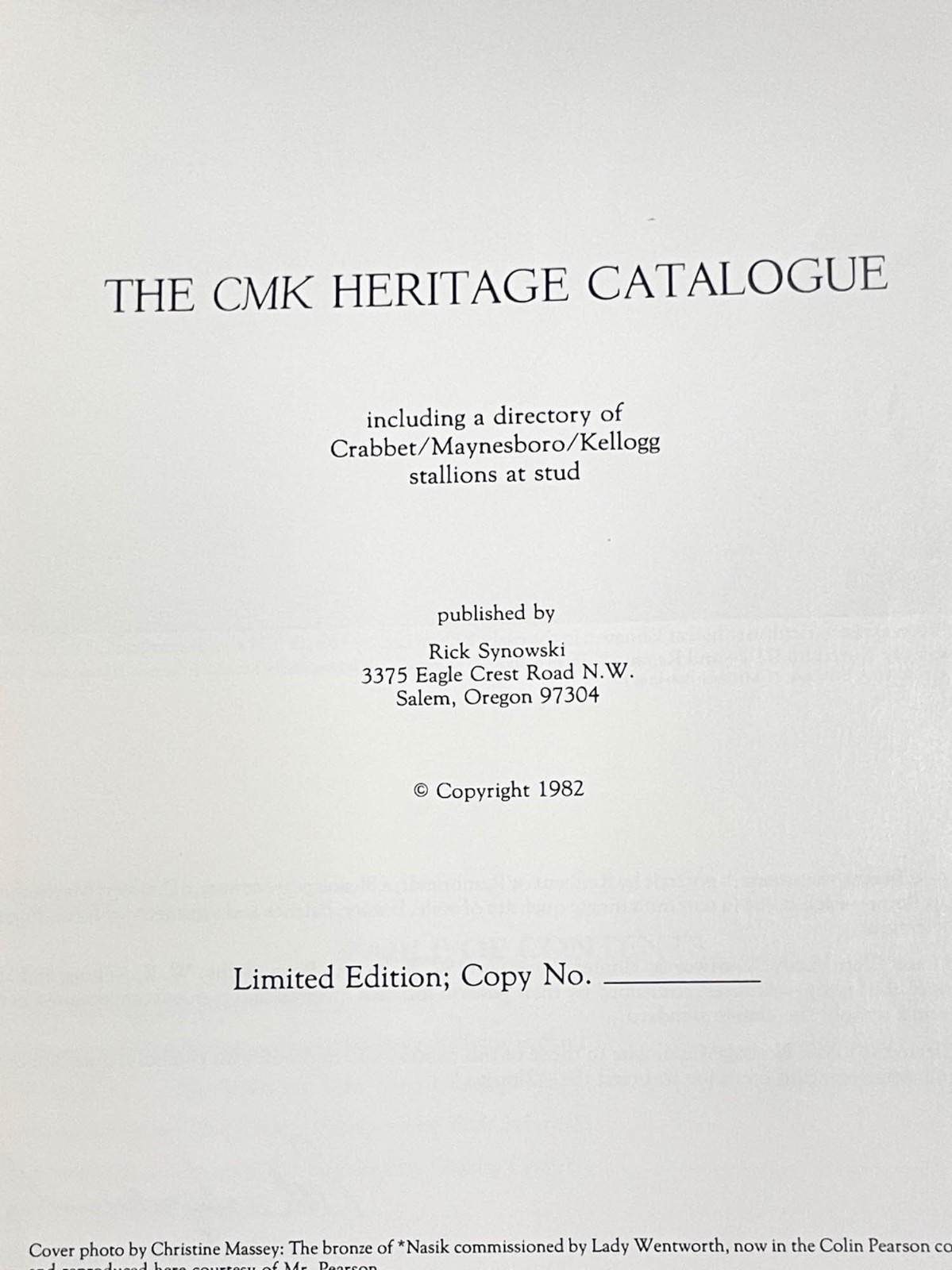 CMK HERITAGE CATALOGUE, 1982, ARABIAN HORSE HISTORY ARTICLES, STALLION DIRECTORY