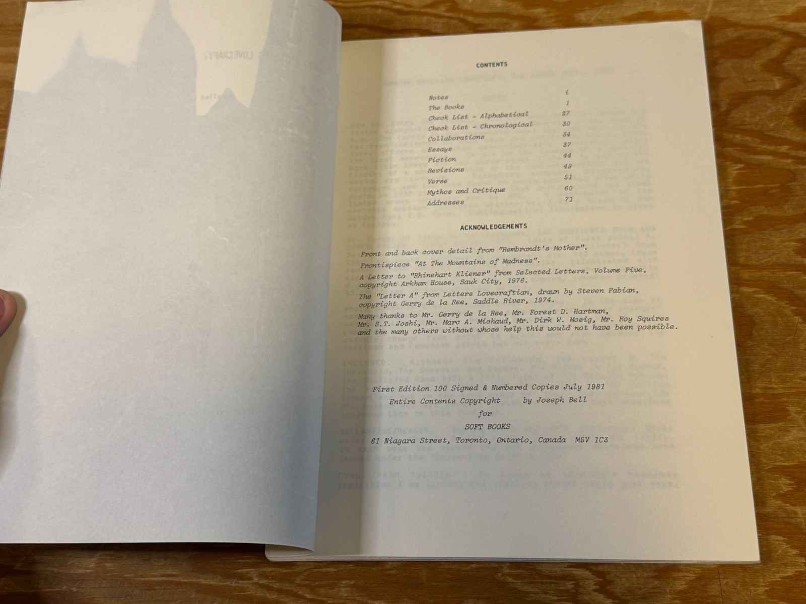 H. P. Lovecraft: The Books 1915-1981 Joseph Bell 1981 SC Soft Books LE 92/100