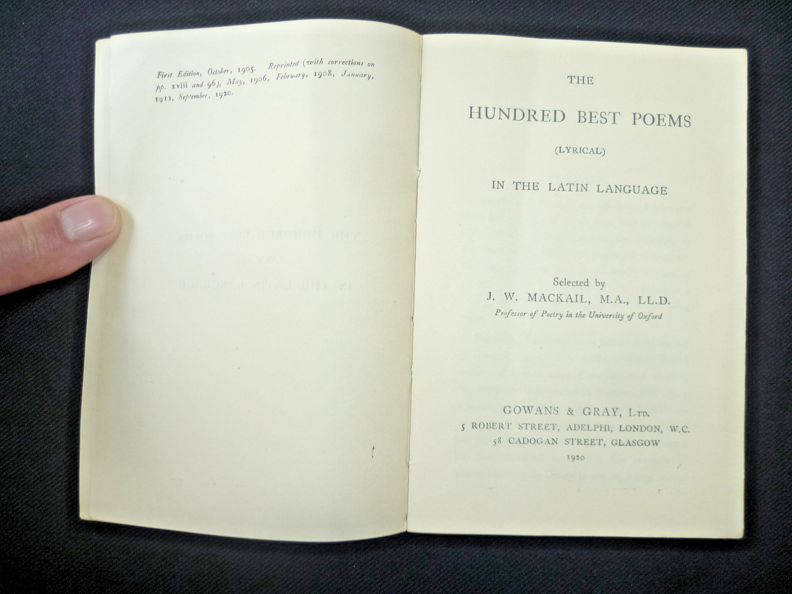 Gowans & Gray Hundred Best Poems in Latin. 1920, Mackail (ed) Fine clean copy.
