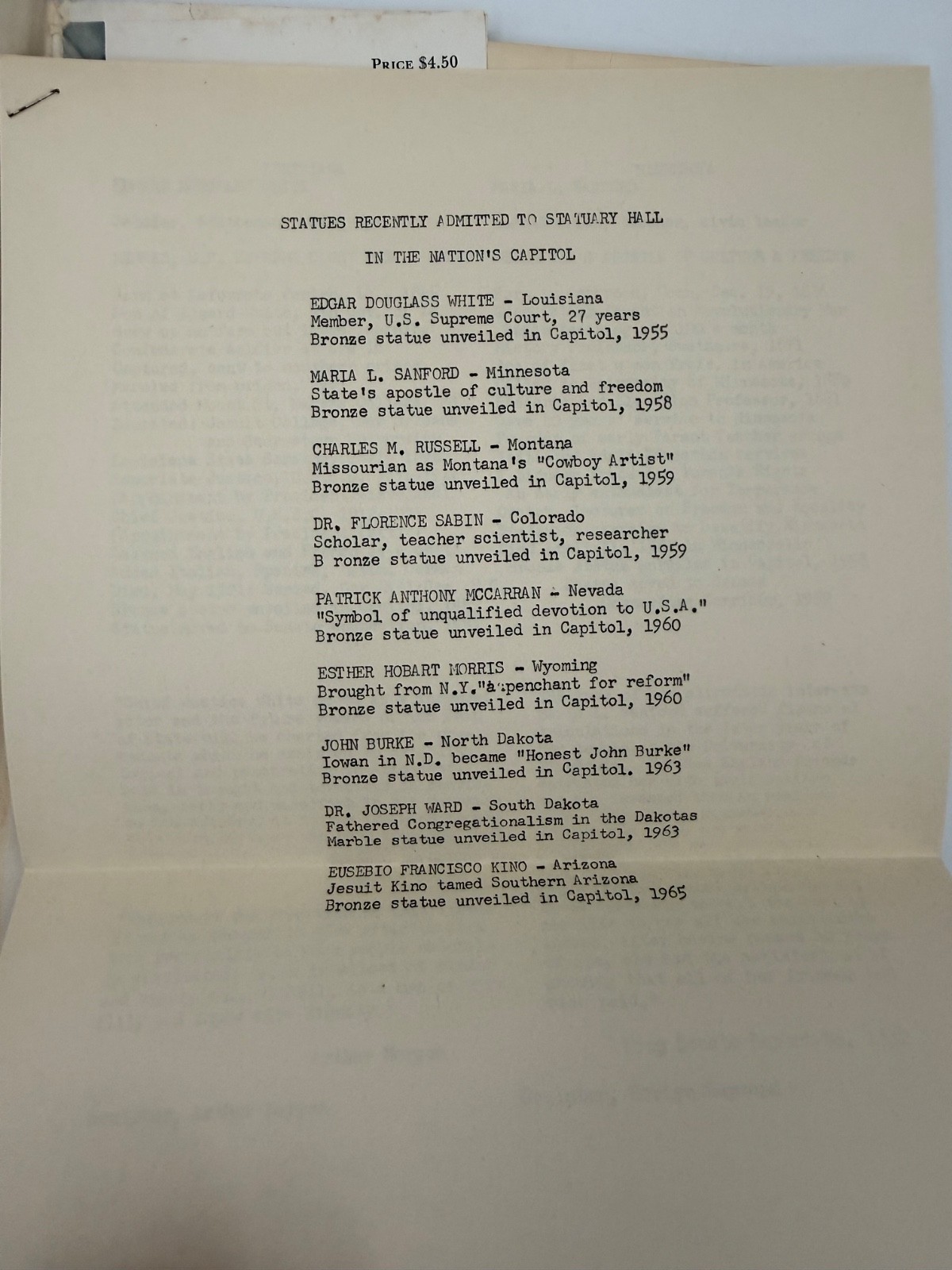 Signed Murdock National Statuary Hall 1955 + Capitol Ephemera Brumidi Letter