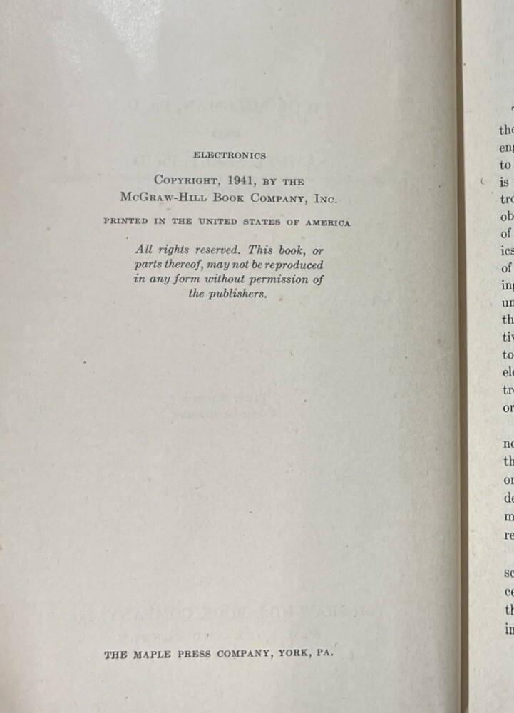 Electronics First Ed 1941 1st Ed 5th Impression Millman Seely McGraw Hill