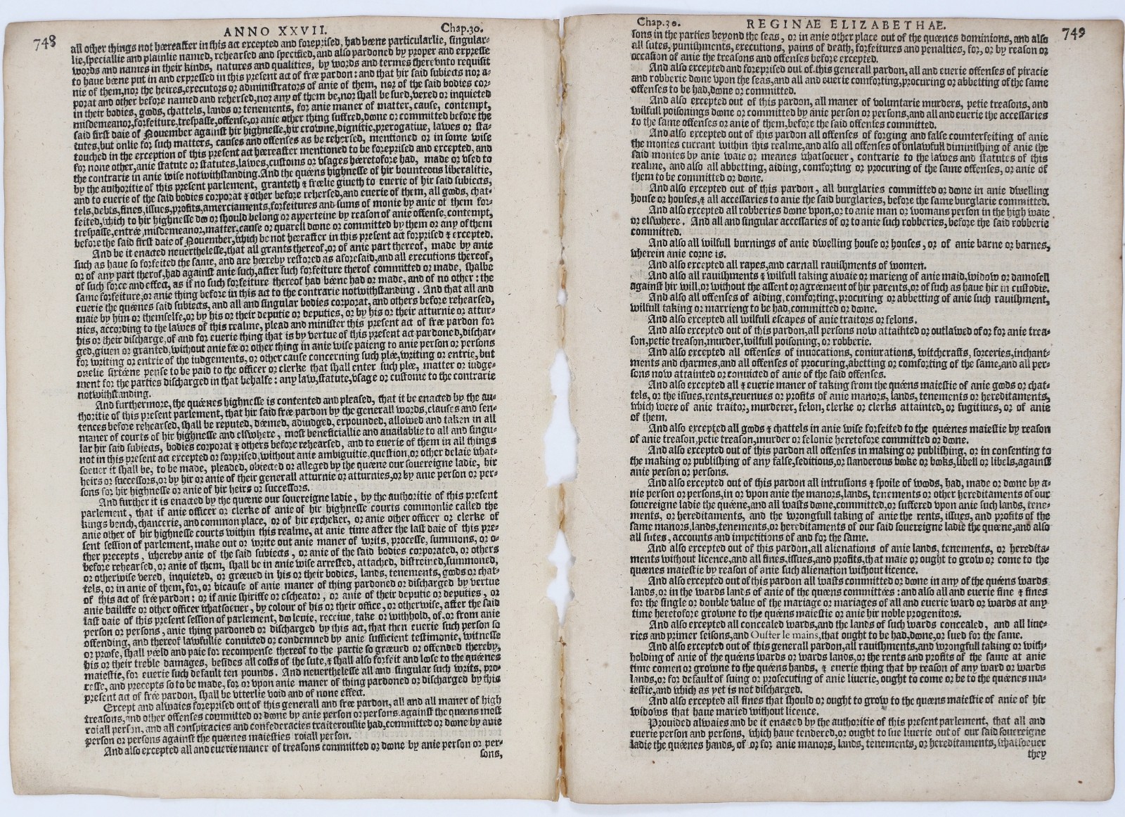 Elizabeth I General Pardon Act – 1587 Grafton Statutes Complete 6pp Set