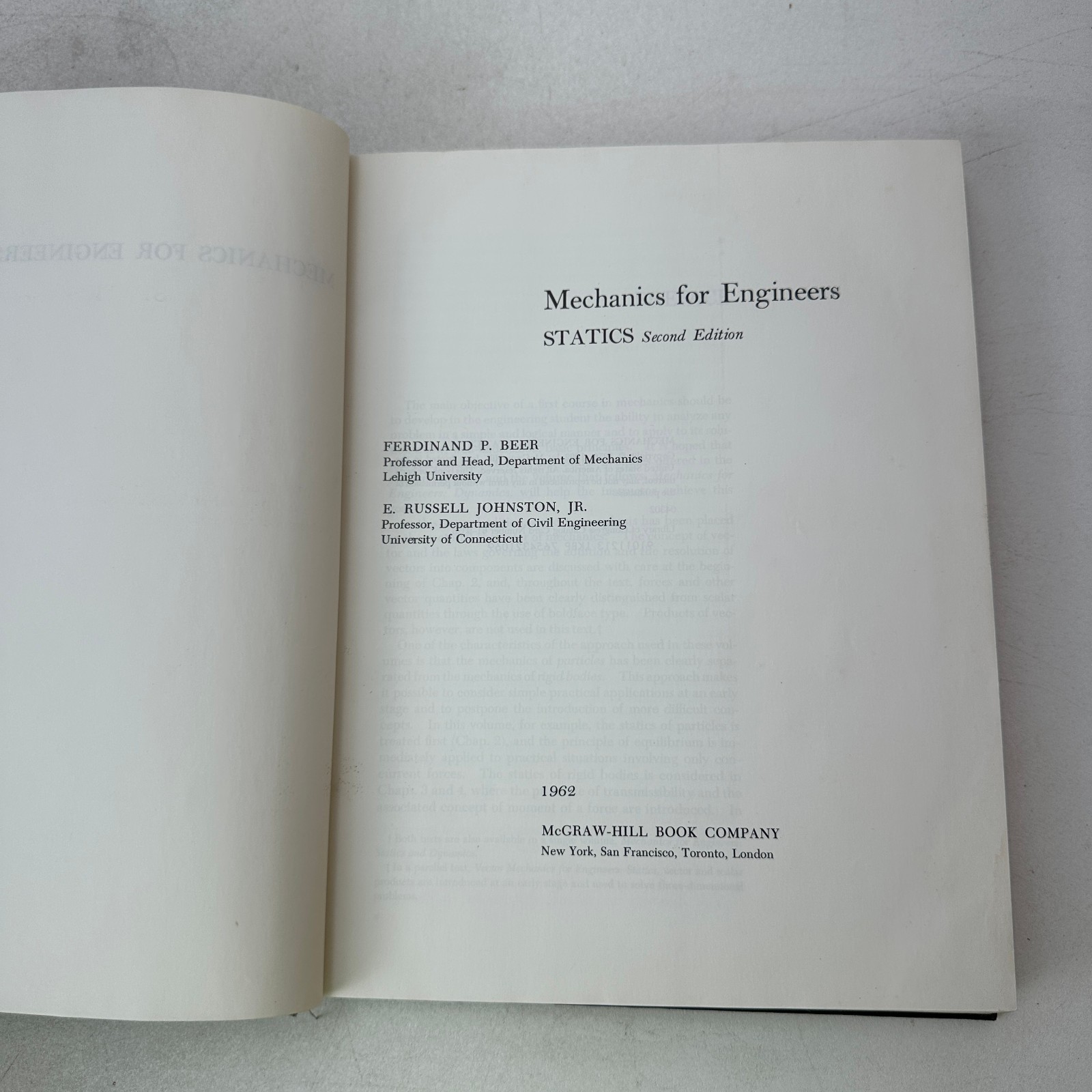 Mechanics for Engineers 2nd Edition Statics HC 1962 McGraw-Hill